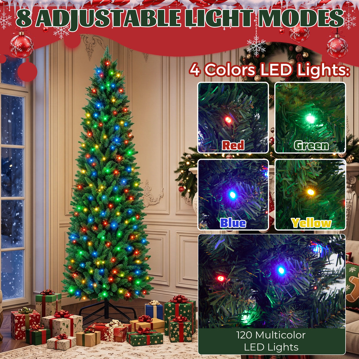JIOABL Pre-Lit Fraser Fir Pencil Artificial Christmas Tree, Premium Multicolor LED Lights