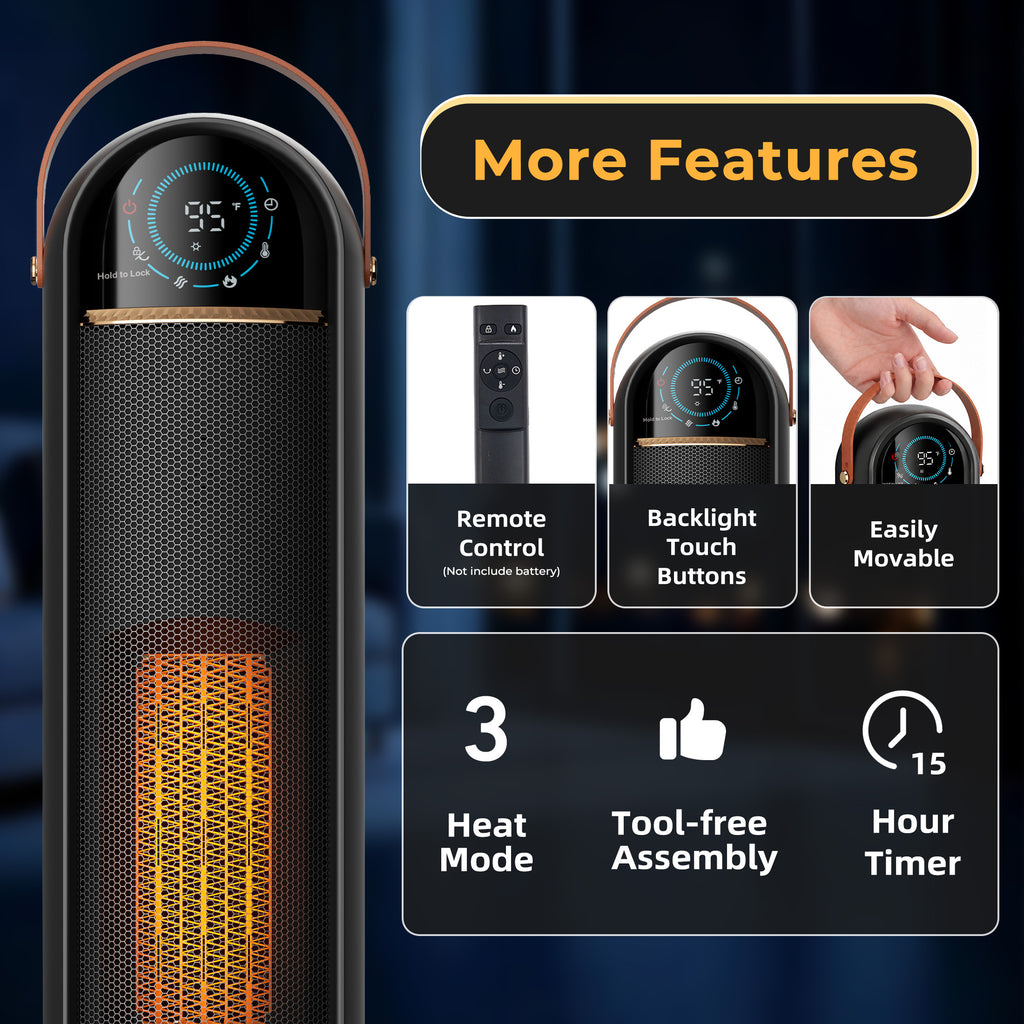 JIOABL Tall Tower Flame Heater with Light | 1500W, 4 Functions, 3s Quick Heat, 2 Heat Settings, Low Noise, Oscillation & Timer