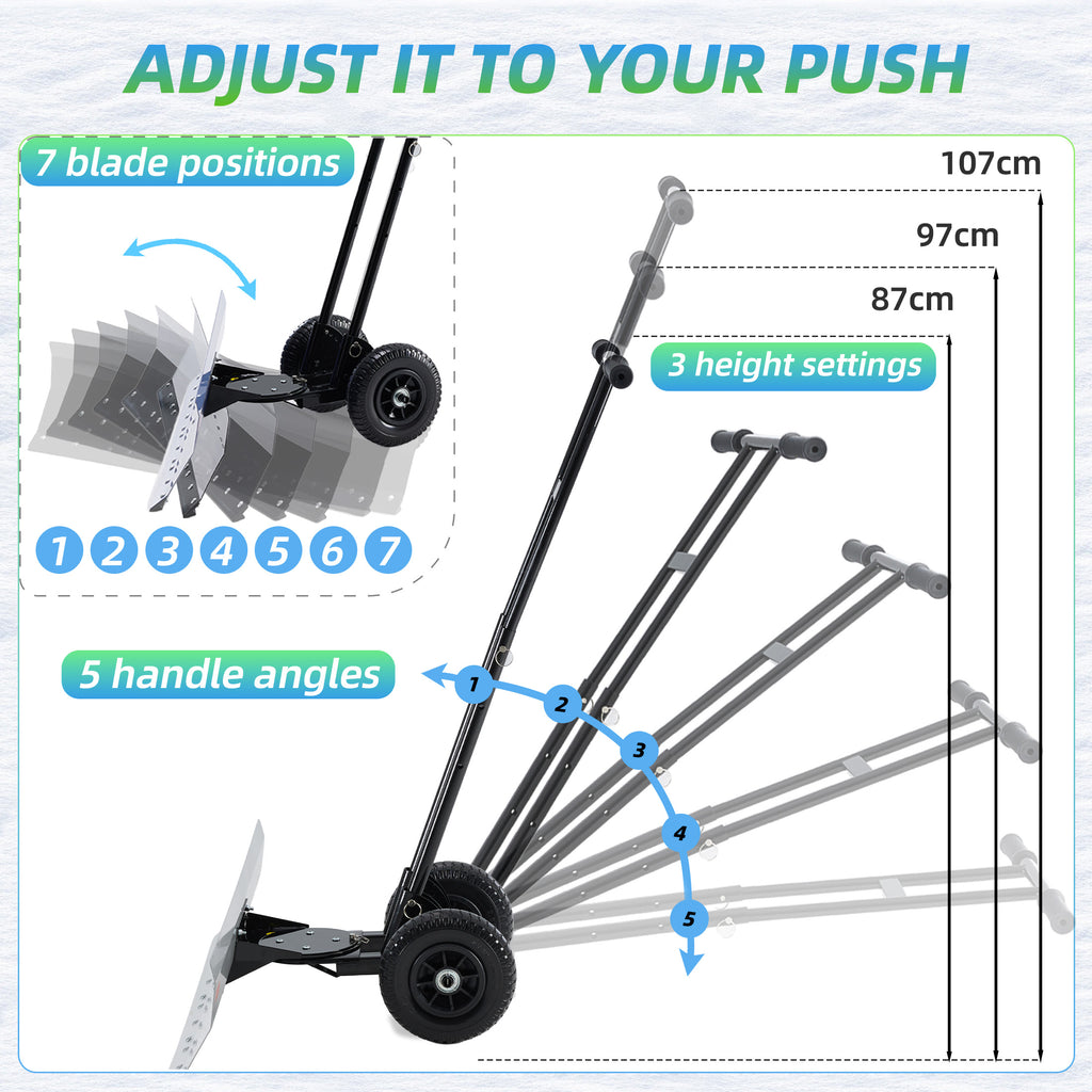 JIOABL 36 inch Snow Pusher with Wheels, Galvanized Steel Snow Plow, Adjustable Blade Angle & Handle for Driveway, Sidewalk & Walkway