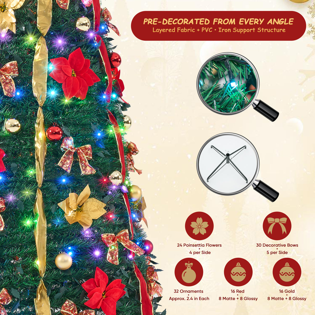 JIOABL 7FT Pop Up Christmas Tree, Pre-Lit with 200 LED Lights, Santa Projects Snowman, Fully Decorated, 7 Colors, 32 Light Modes with Remote, Stores Flat for Indoor Holiday Decor