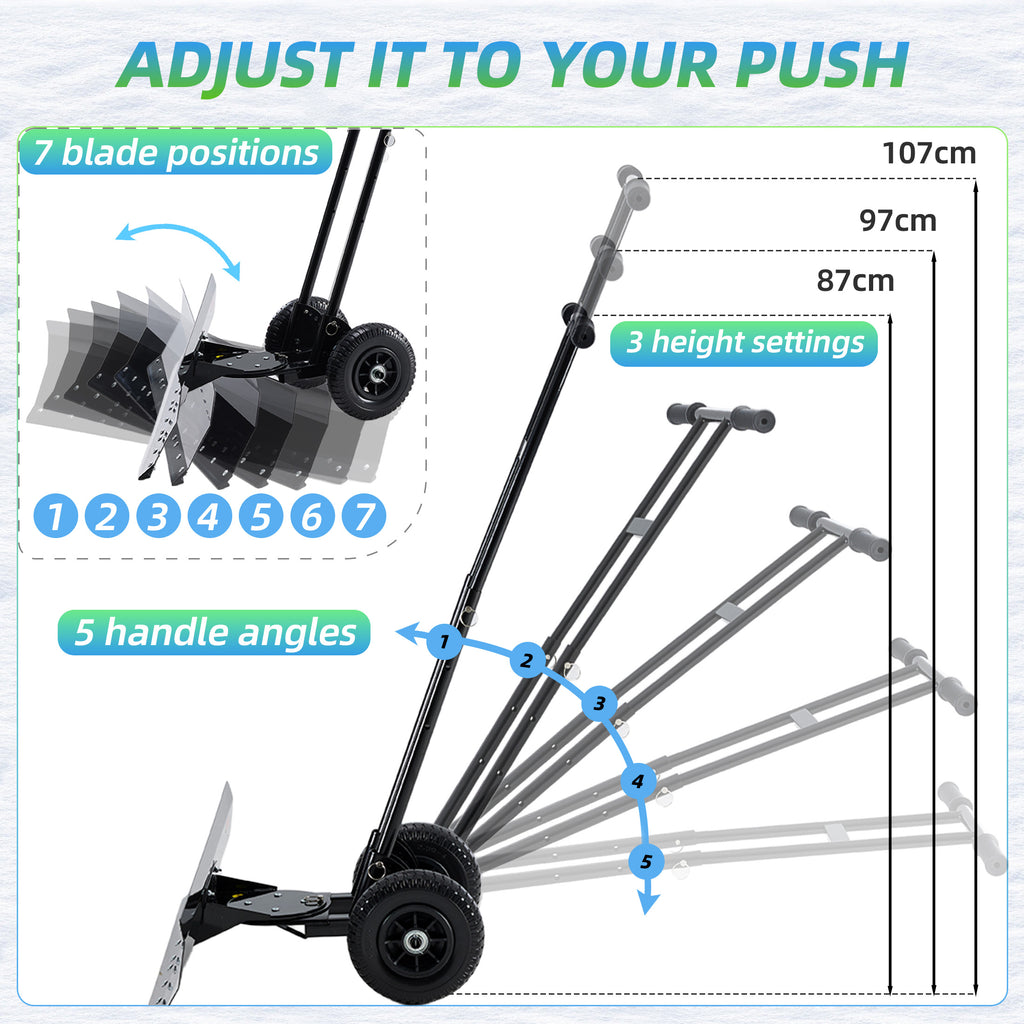 JIOABL 36 inch Snow Pusher with Wheels, Galvanized Steel Snow Plow, Adjustable Blade Angle & Handle for Driveway, Sidewalk & Walkway