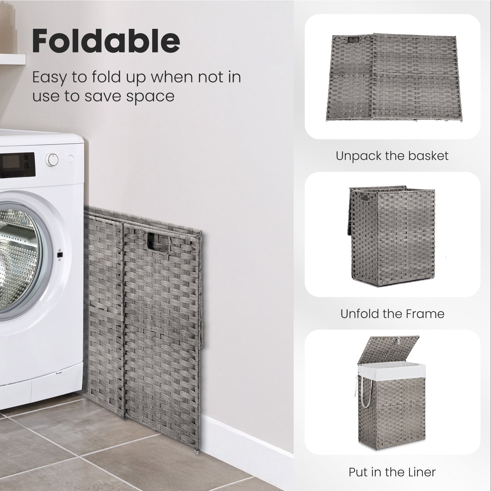 JIOABL Laundry Hamper with Lid, Clothes Hamper with Removable Liner Bags, Synthetic Rattan Laundry Basket for Clothes Toys in Bathroom Bedroom