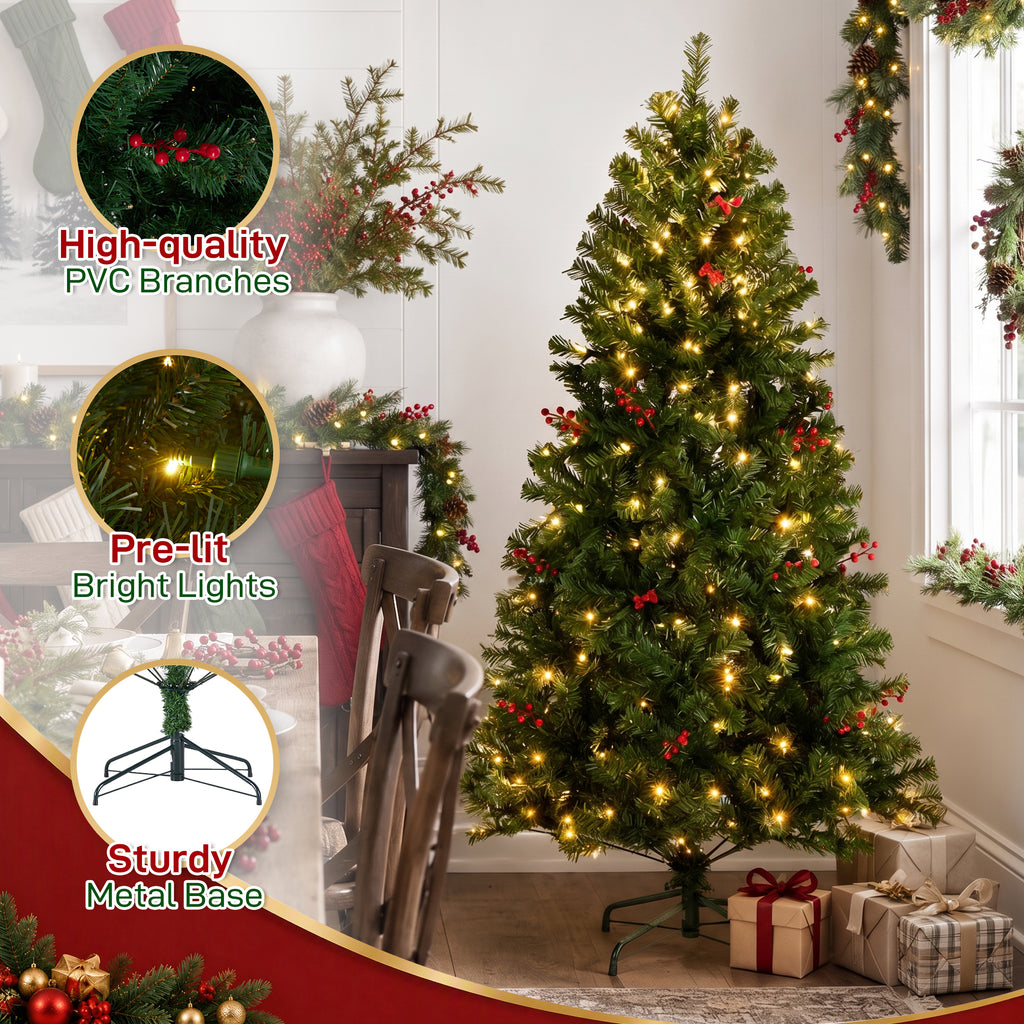 JIOABL Pre-Lit Artificial Spruce Christmas Tree, Pre-Decorated with Pinecones & Berries, Sturdy Metal Stand Base