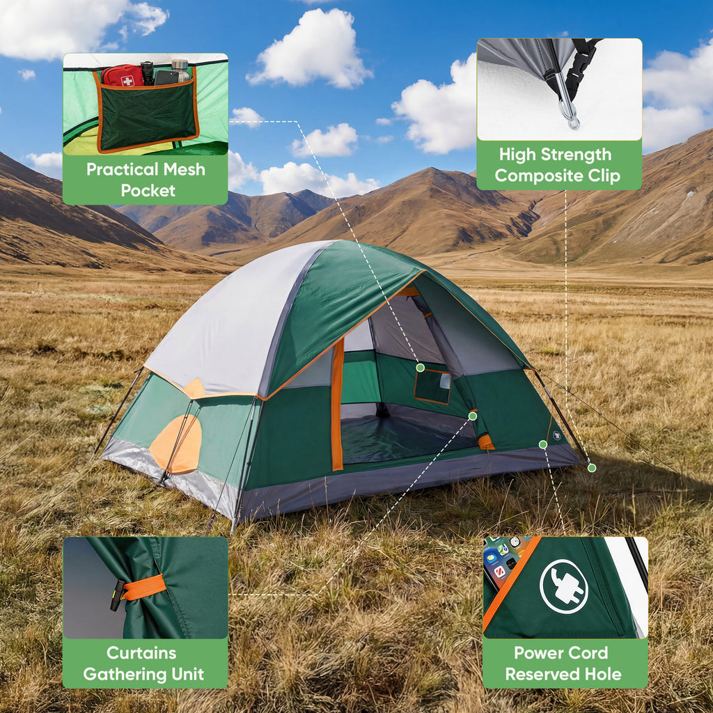 JIOABL Dome Camping Tent, Waterproof Polyester with Rainfly, Easy Setup, Ventilated Windows & Skylights, Portable Backpacking Tent