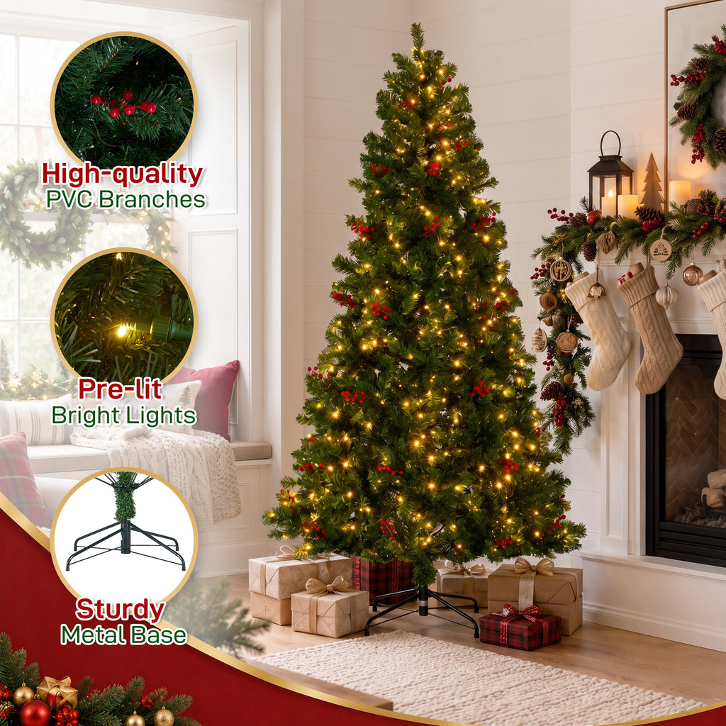 JIOABL Pre-Lit Artificial Spruce Christmas Tree, Pre-Decorated with Pinecones & Berries, Sturdy Metal Stand Base
