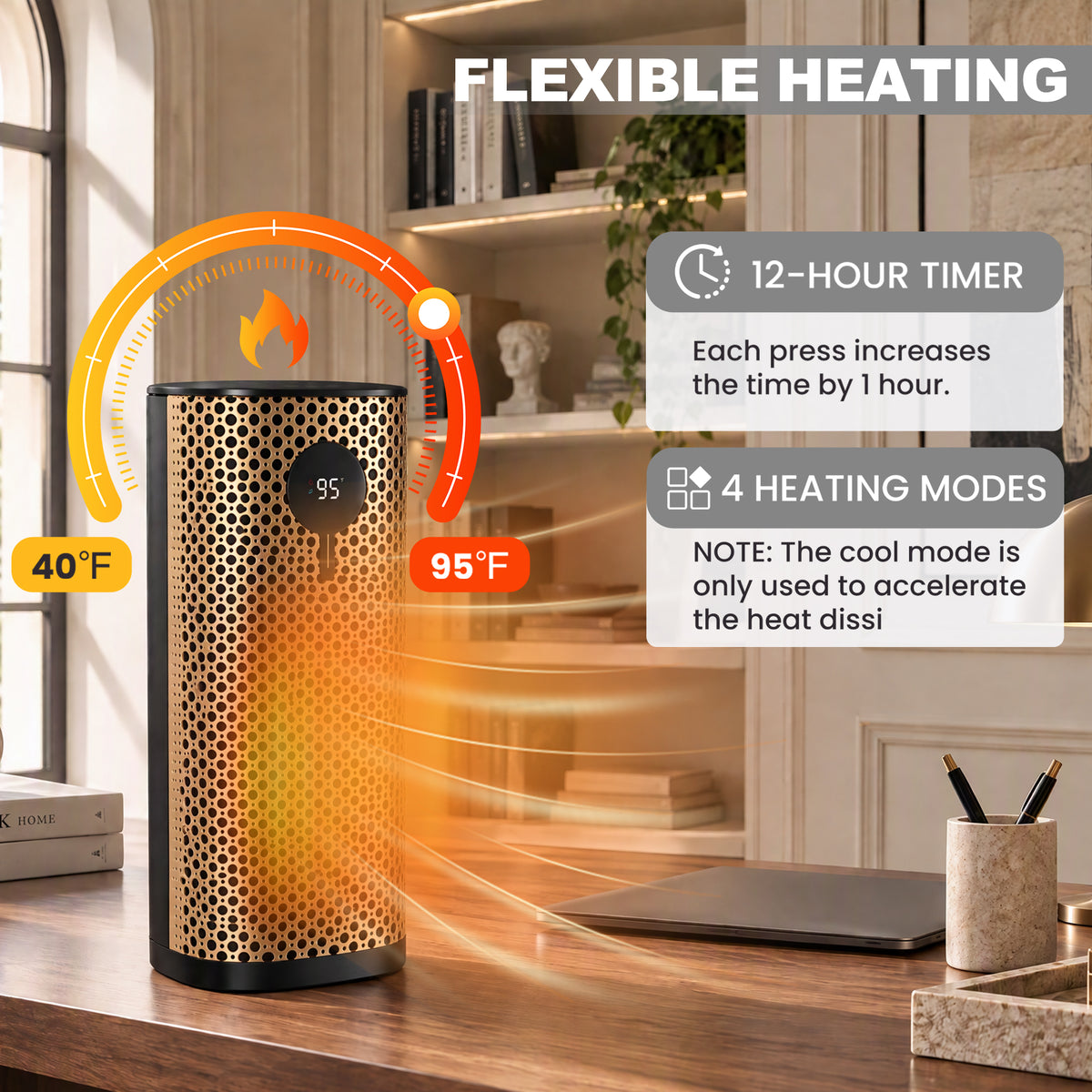 JIOABL Square Desktop Heater | 1500W, 5 Working Modes, 70° Oscillation, Quiet, Tip-Over and Overheat Safety Protection