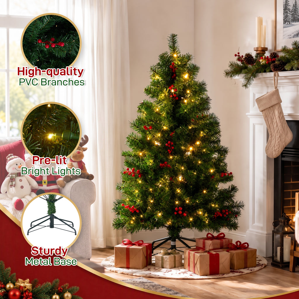 JIOABL Pre-Lit Artificial Spruce Christmas Tree, Pre-Decorated with Pinecones & Berries, Sturdy Metal Stand Base