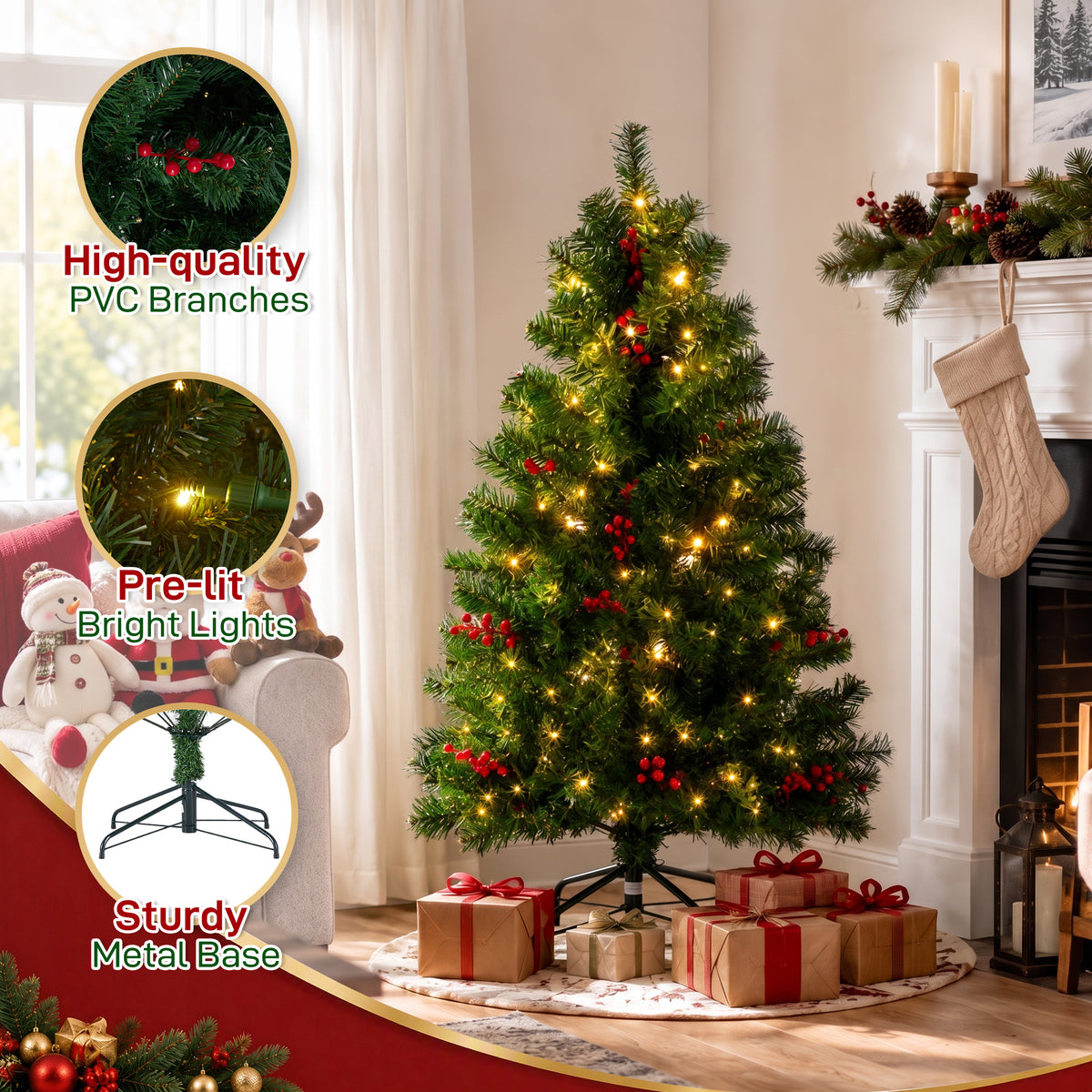 JIOABL Pre-Lit Artificial Spruce Christmas Tree, Pre-Decorated with Pinecones & Berries, Sturdy Metal Stand Base