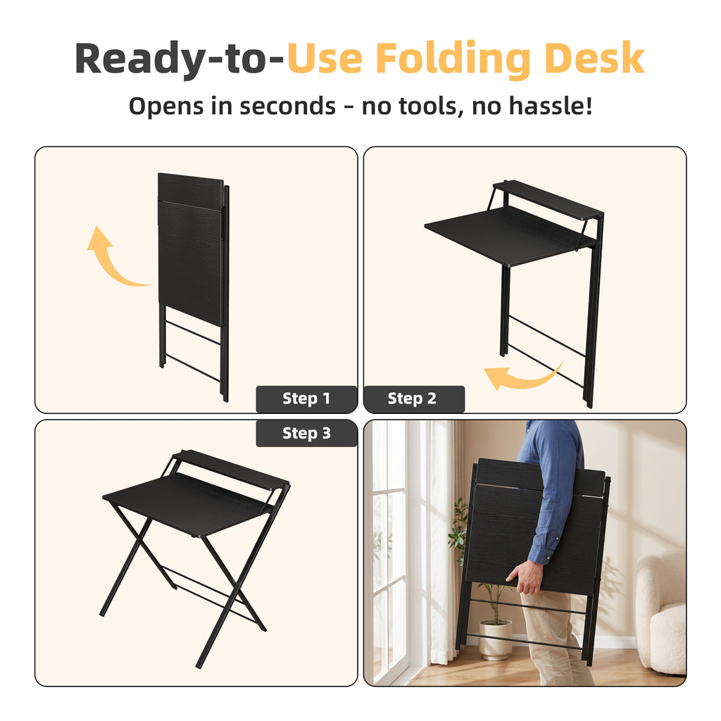 JIOABL No Assembly Folding Desk with Shelf – 2-Tier Compact Space-Saving Laptop Computer Table, Portable Study Workstation for Small Apartment, Dorm, Bedroom & Home Office