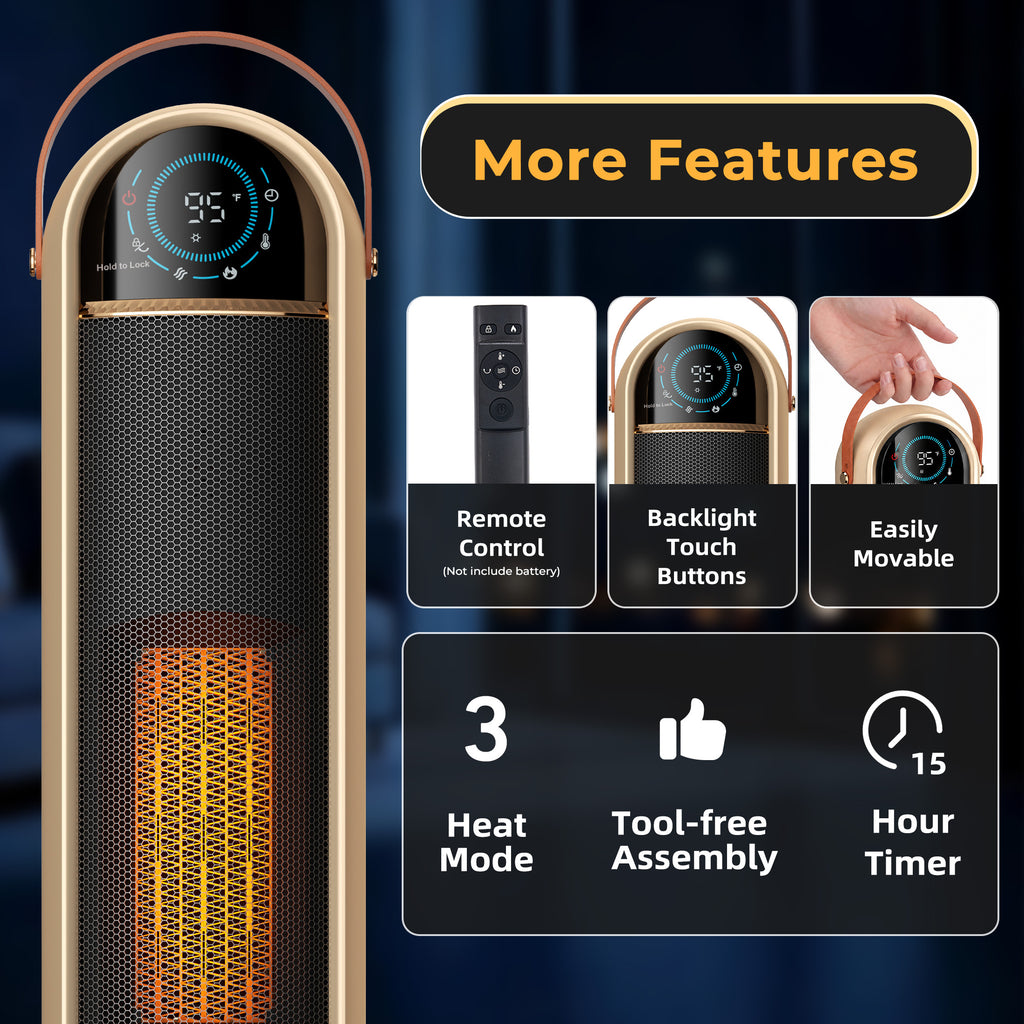 JIOABL Tall Tower Flame Heater with Light | 1500W, 4 Functions, 3s Quick Heat, 2 Heat Settings, Low Noise, Oscillation & Timer