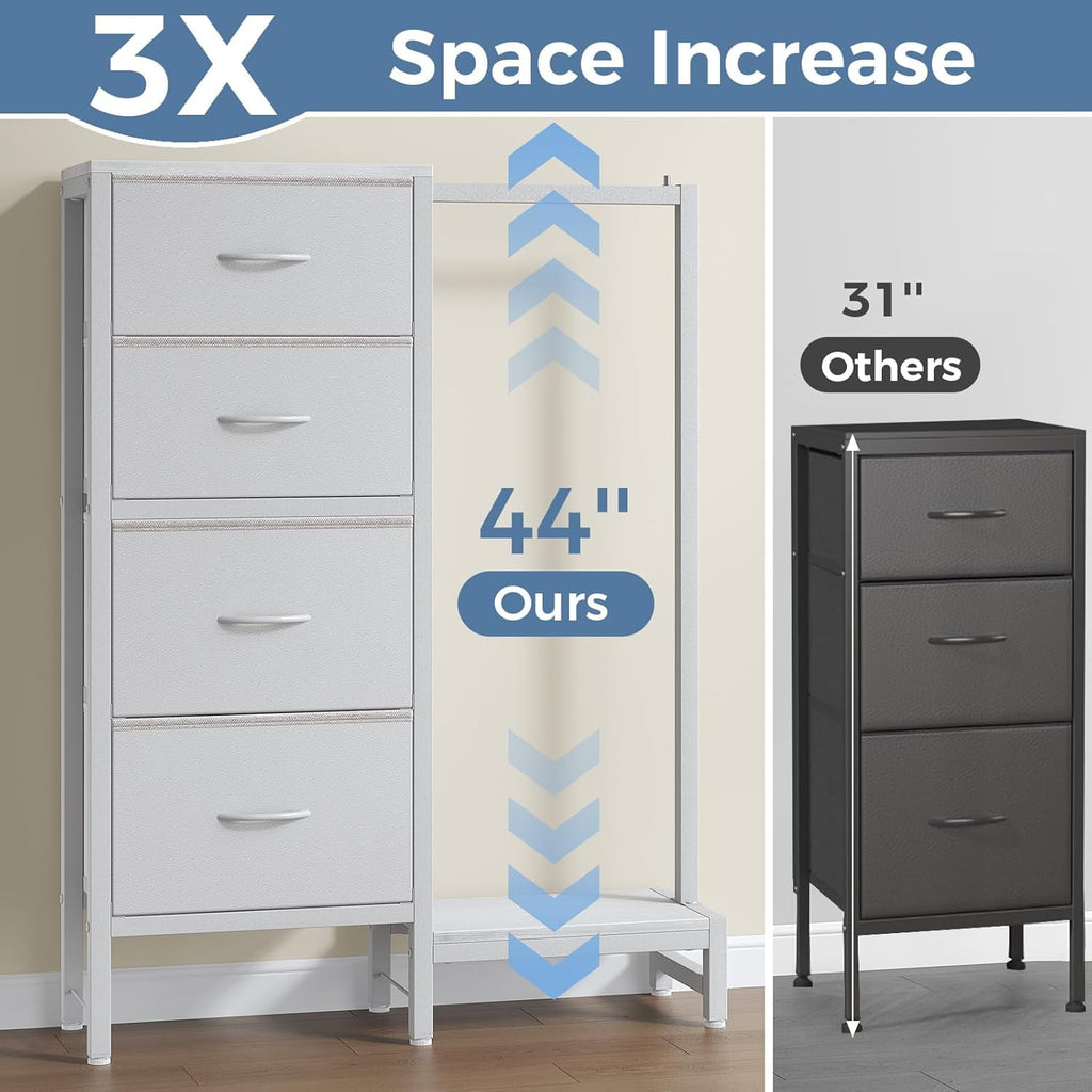 JIOABL 4 Drawer Dresser with Hanging Rack, Steel Frame, Fabric Drawers, Tall Storage Organizer for Bedroom