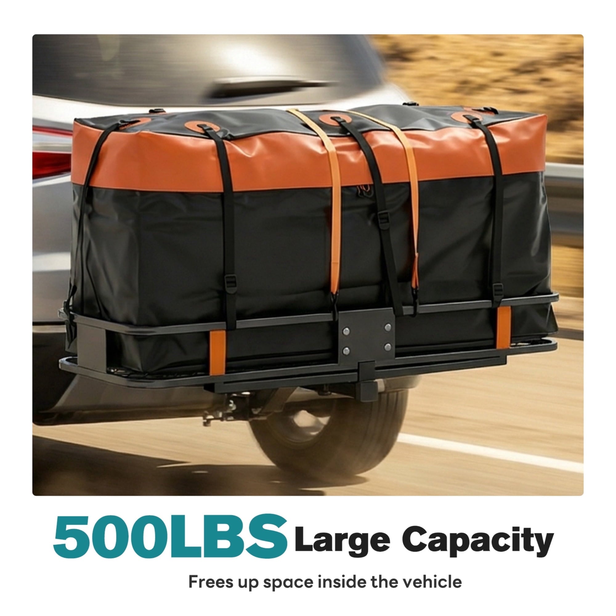 JIOABL Folding Hitch Cargo Carrier Basket for SUVs, Trucks & Vans, 500 lb Capacity with Waterproof Bag, Net, Ratchet Straps, Lock & Stabilizer