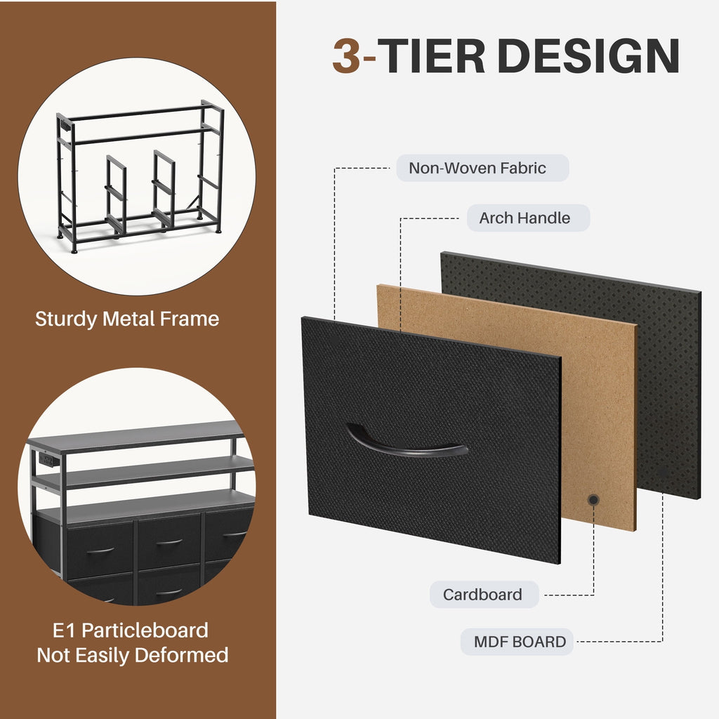 JIOABL TV Stand with  Fabric Drawers & Power Outlet, LED TV Console with USB & Type-C, Storage Dresser for Living Room