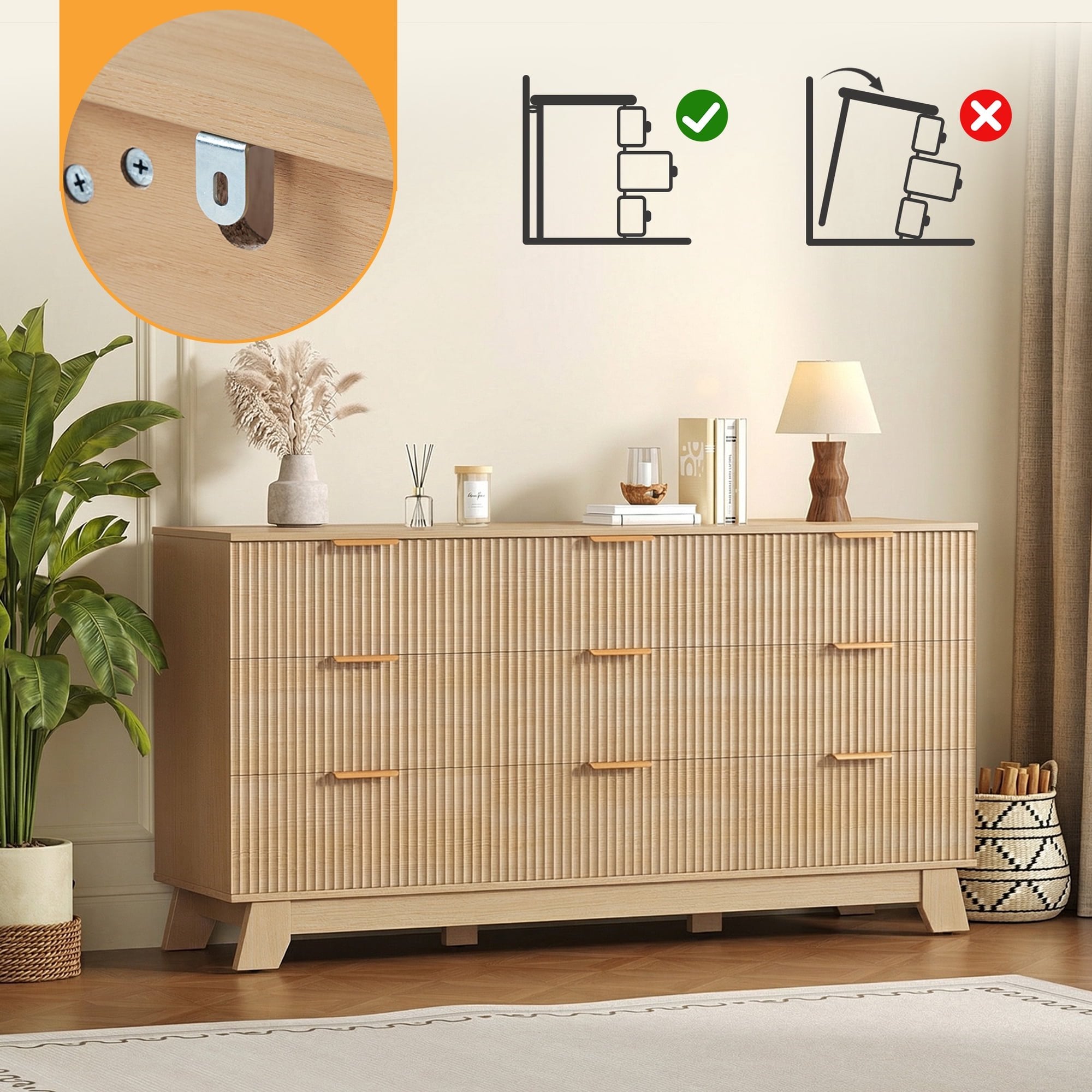 JIOABL Wood Dresser with Fluted Panel Design, Modern Storage Cabinet for Bedroom, Living Room, Hallway, Natural Oak