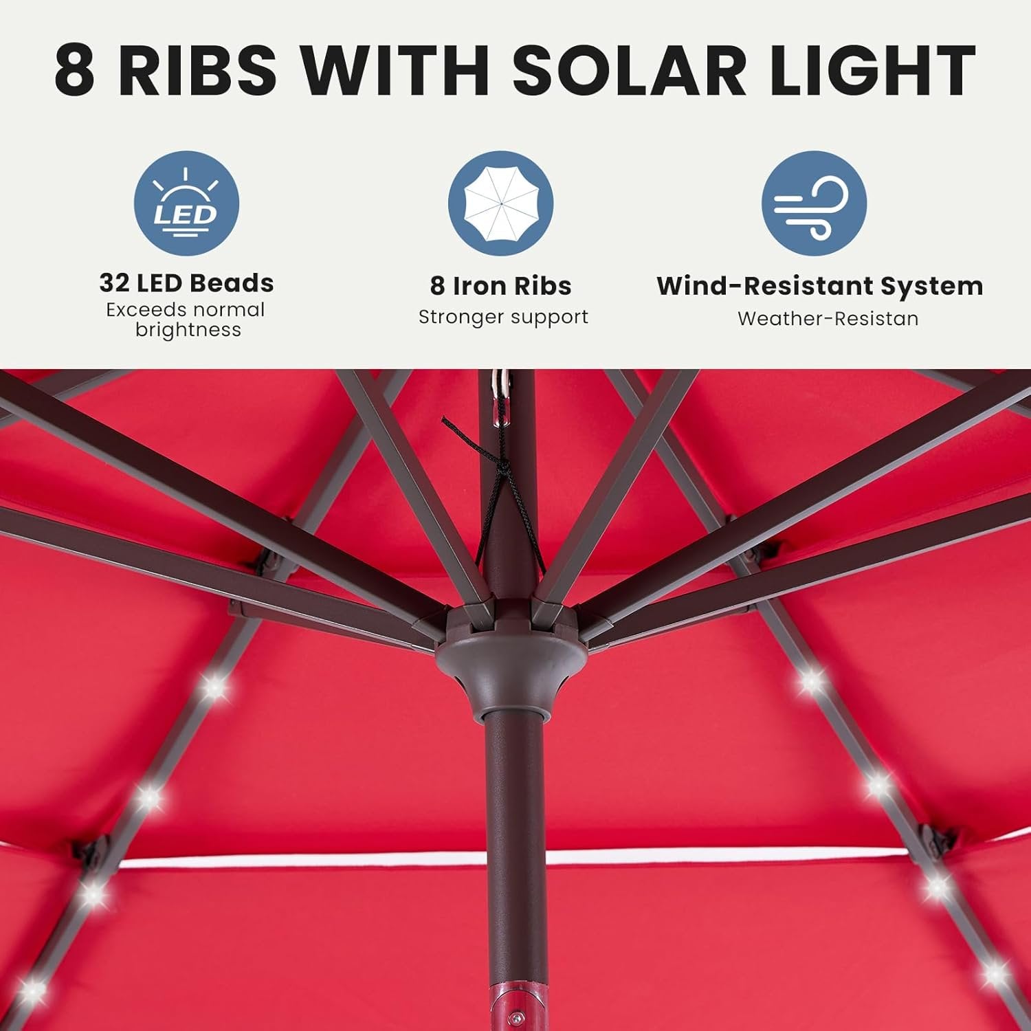 JIOABL 10FT Solar LED Patio Umbrella with Tilt & Vent, 32 LED Lights, 8 Ribs, UV-Resistant & Water-Resistant for Garden, Deck, Patio