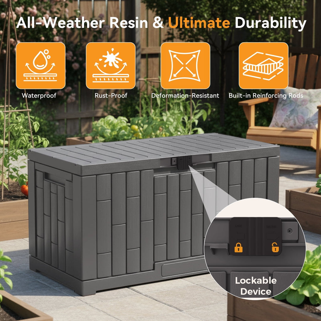 JIOABL 60-Gallon Waterproof Deck Box, UV-Resistant Resin, Lockable with Handles, Ideal for Patio Cushions, Garden Tools & Pool Accessories