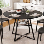JIOABL 42 Inch Round Dining Table for 4-6, Farmhouse Table with Dual-Tier Storage Shelf, Metal Pedestal Base for Kitchen Dining Room Apartment, Black