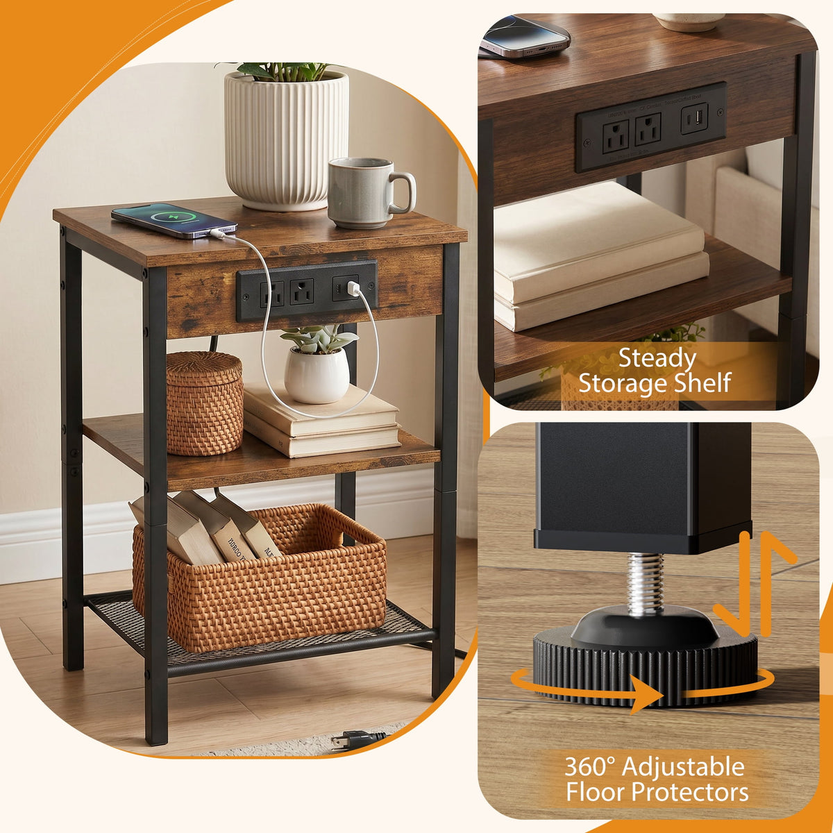 JIOABL 3-Tier Side Table with USB & AC Charging Station, Adjustable Shelves, Multi-Use for Living Room & Bedroom