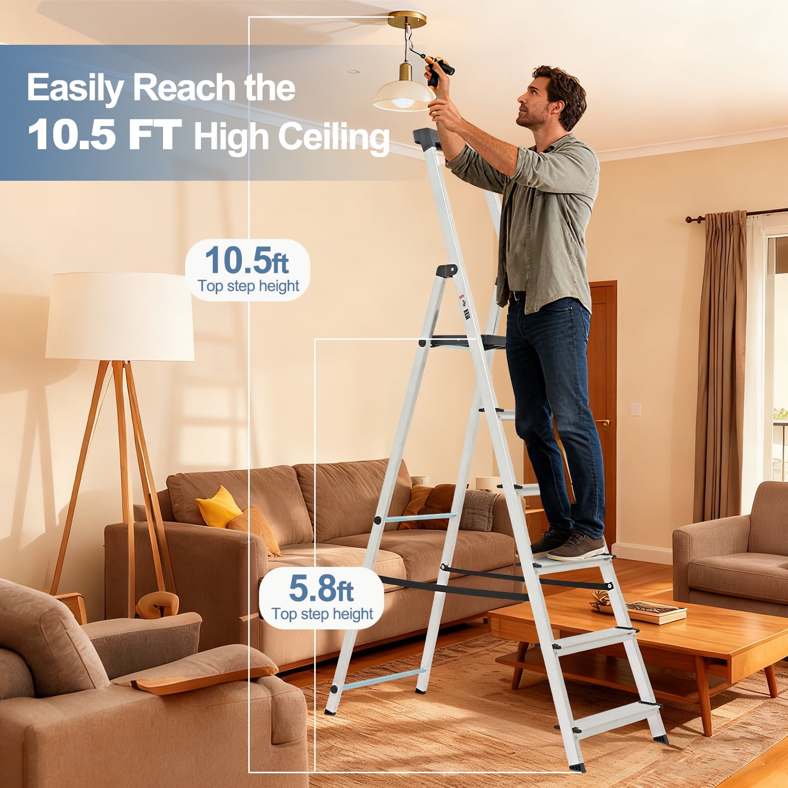 JIOABL Aluminum Folding Ladder, 330 lbs Capacity with Wide Non-Slip Steps, Steel Platform, Slim Fold Design