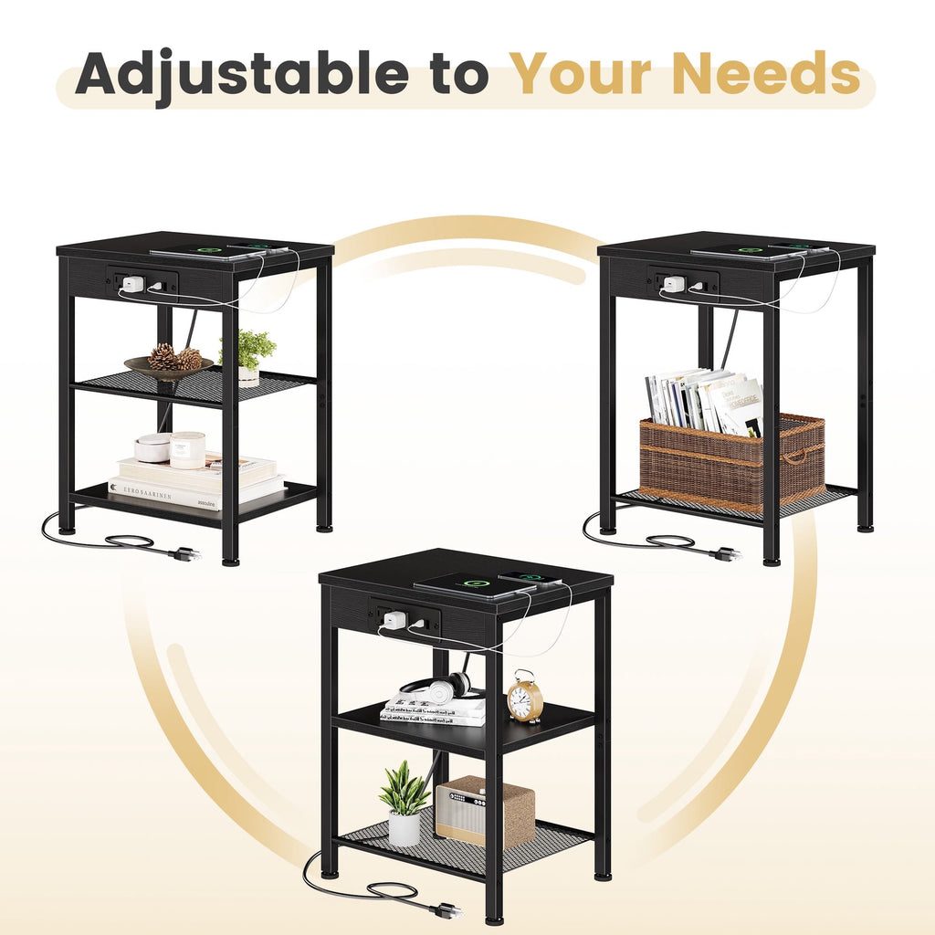 JIOABL 3-Tier Side Table with USB & AC Charging Station, Adjustable Shelves, Multi-Use for Living Room & Bedroom