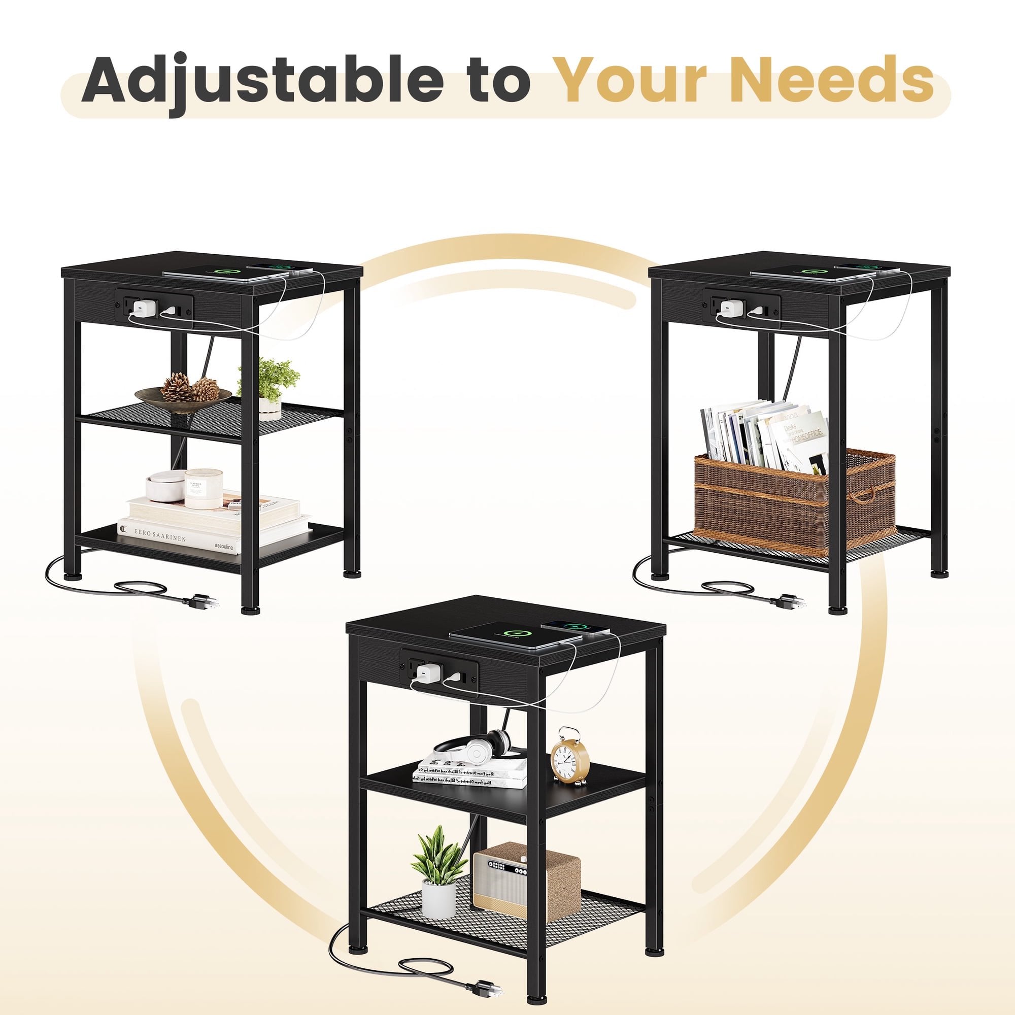 JIOABL 3-Tier Side Table with USB & AC Charging Station, Adjustable Shelves, Multi-Use for Living Room & Bedroom