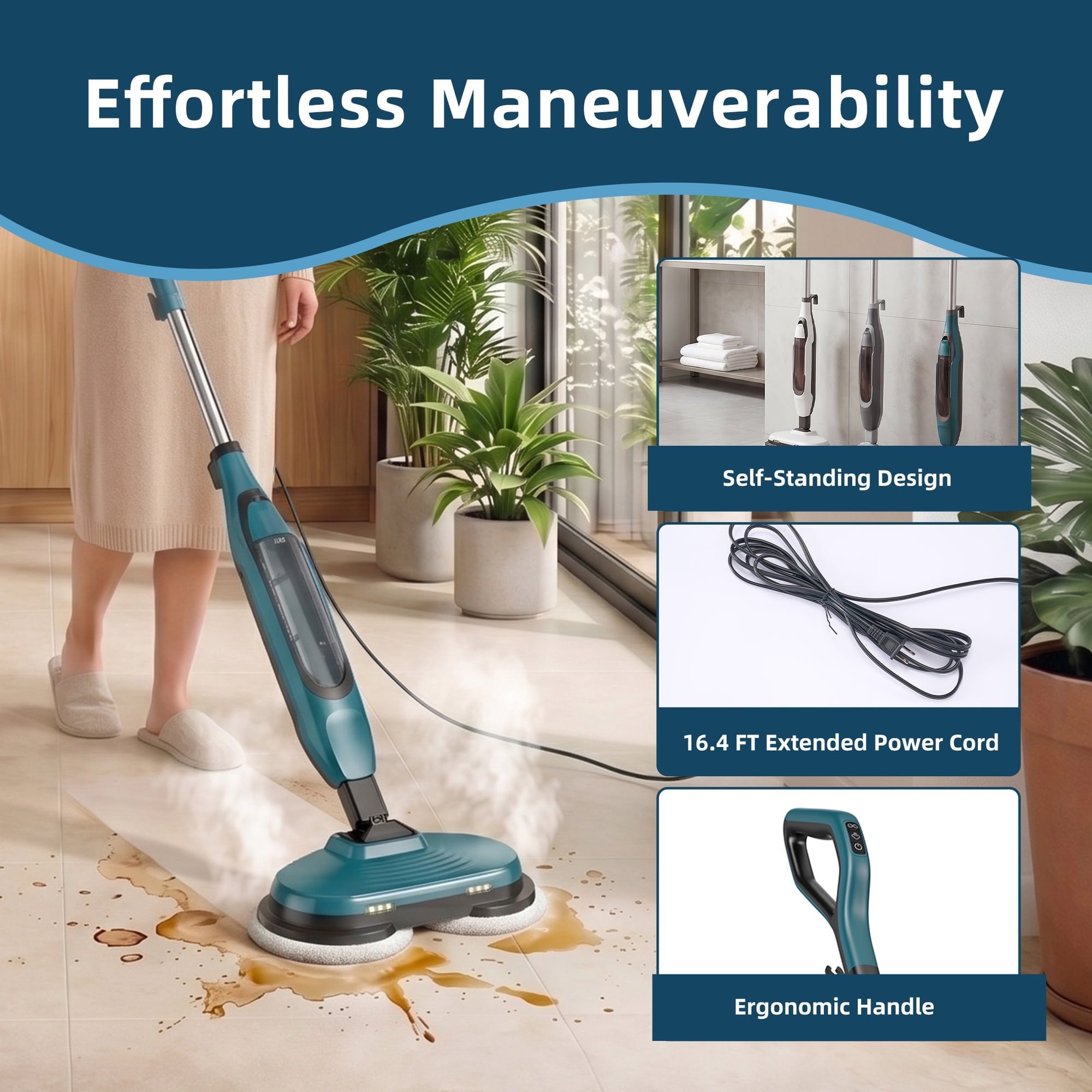 JIOABL Scrubbing Steam Mop with Dual Rotating Pads, LED Headlights and Adjustable Steam Modes for Sealed Hard Floors
