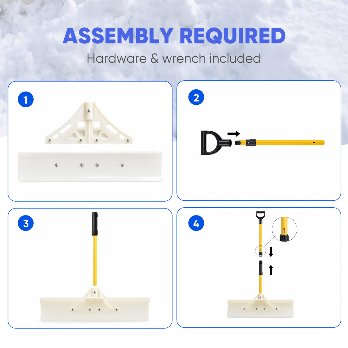 JIOABL 36 inch Snow Pusher, Reversible ABS Blade, Rust-Resistant Steel Handle, Manual Snow Plow with Multi-Point Fastening for Driveways ,Walkways and Yard