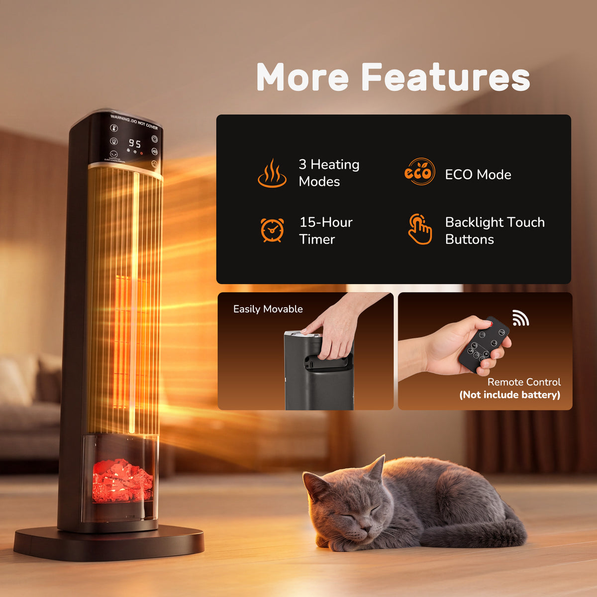 JIOABL Tall Tower Flame Heater | 1500W, 4 Functions, 3s Quick Heat, 2 Heat Settings, Low Noise, Oscillation & Timer