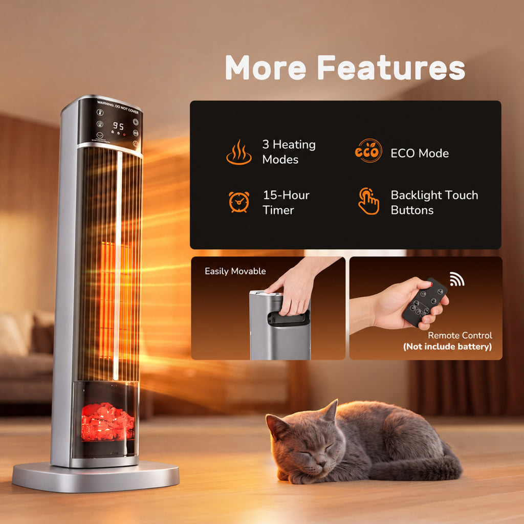 JIOABL Tall Tower Flame Heater | 1500W, 4 Functions, 3s Quick Heat, 2 Heat Settings, Low Noise, Oscillation & Timer