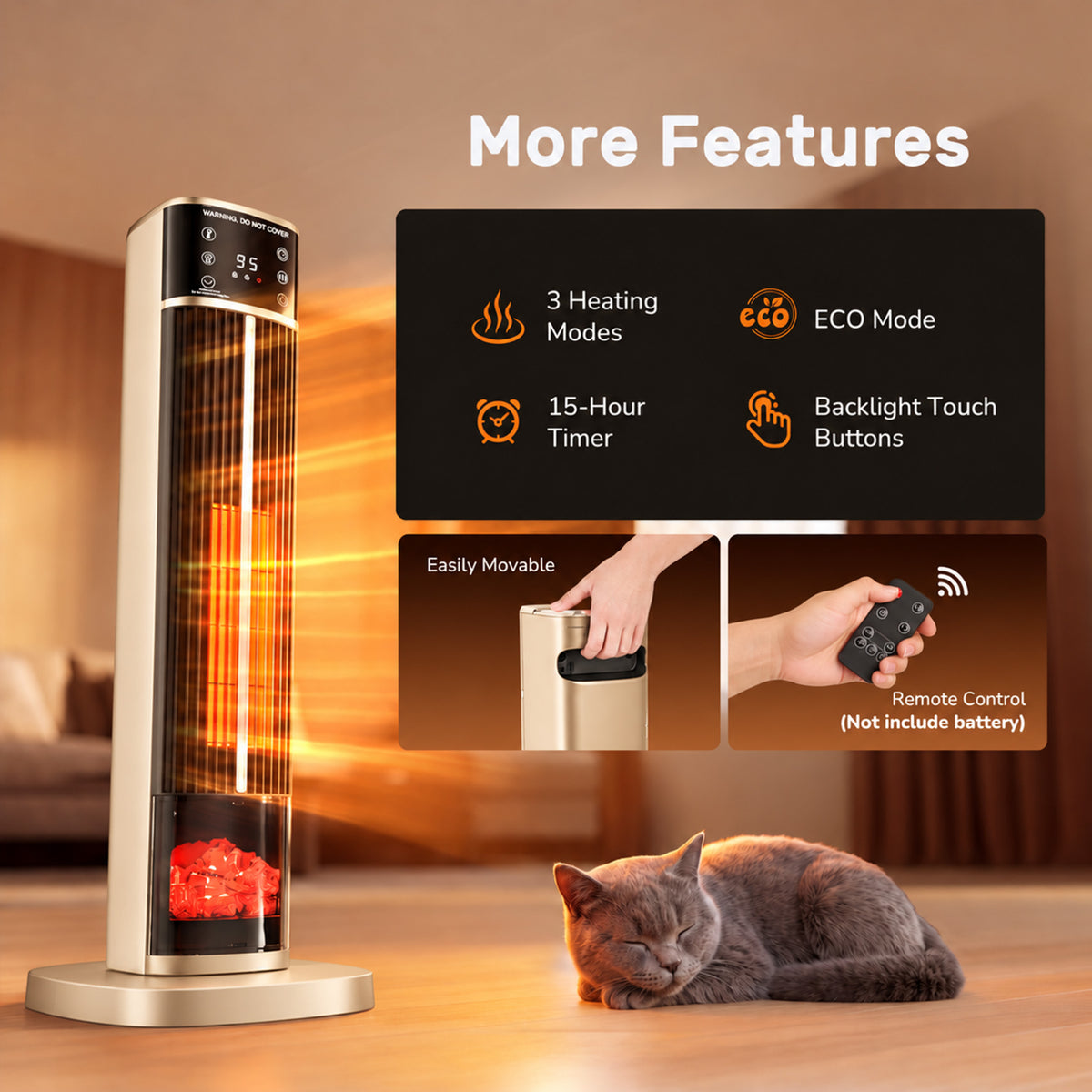JIOABL Tall Tower Flame Heater | 1500W, 4 Functions, 3s Quick Heat, 2 Heat Settings, Low Noise, Oscillation & Timer