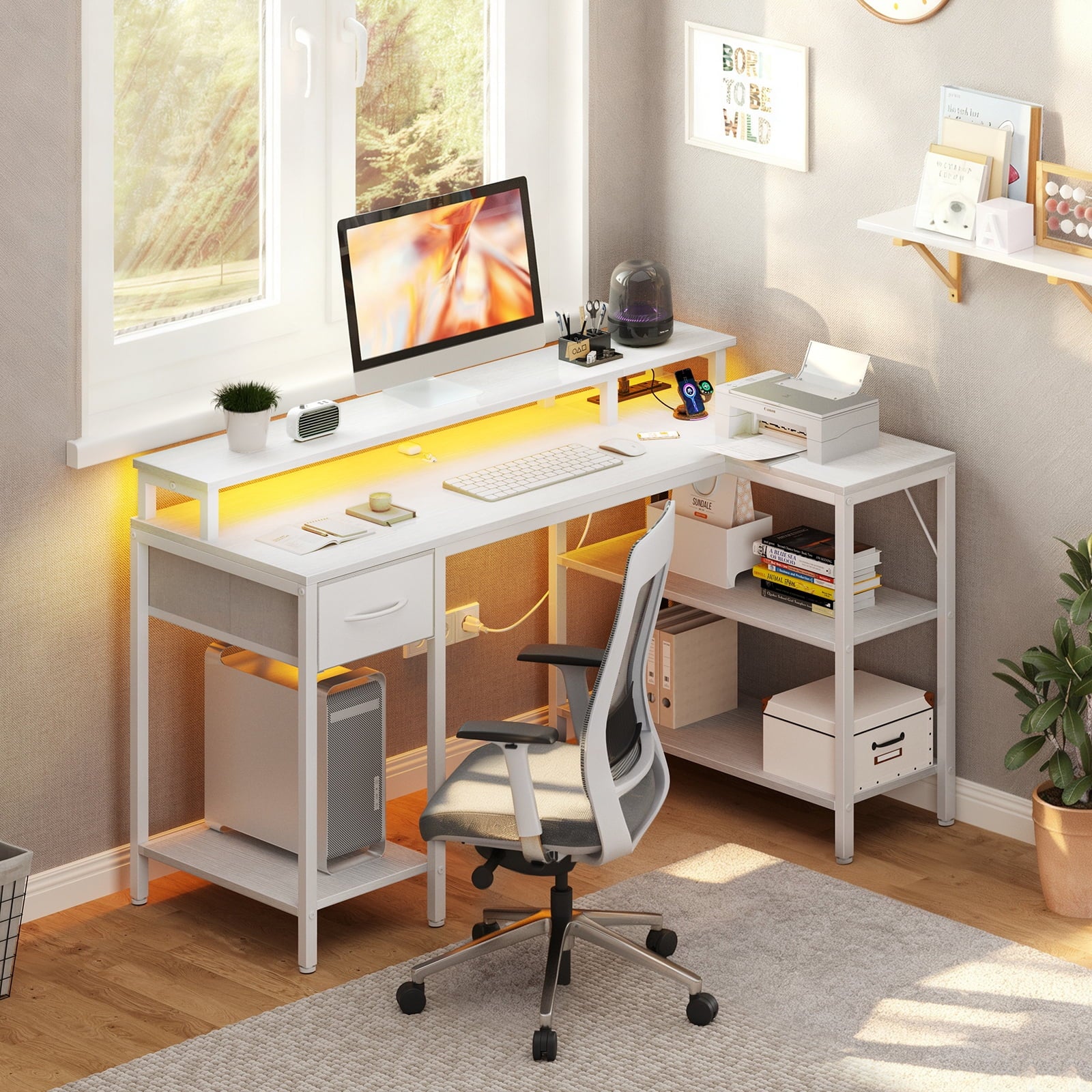 JIOABL L Shaped Computer Gaming Desk with USB Charging Ports & LED Lights, Reversible Corner Table with Power Outlets Monitor Stand for Home Office