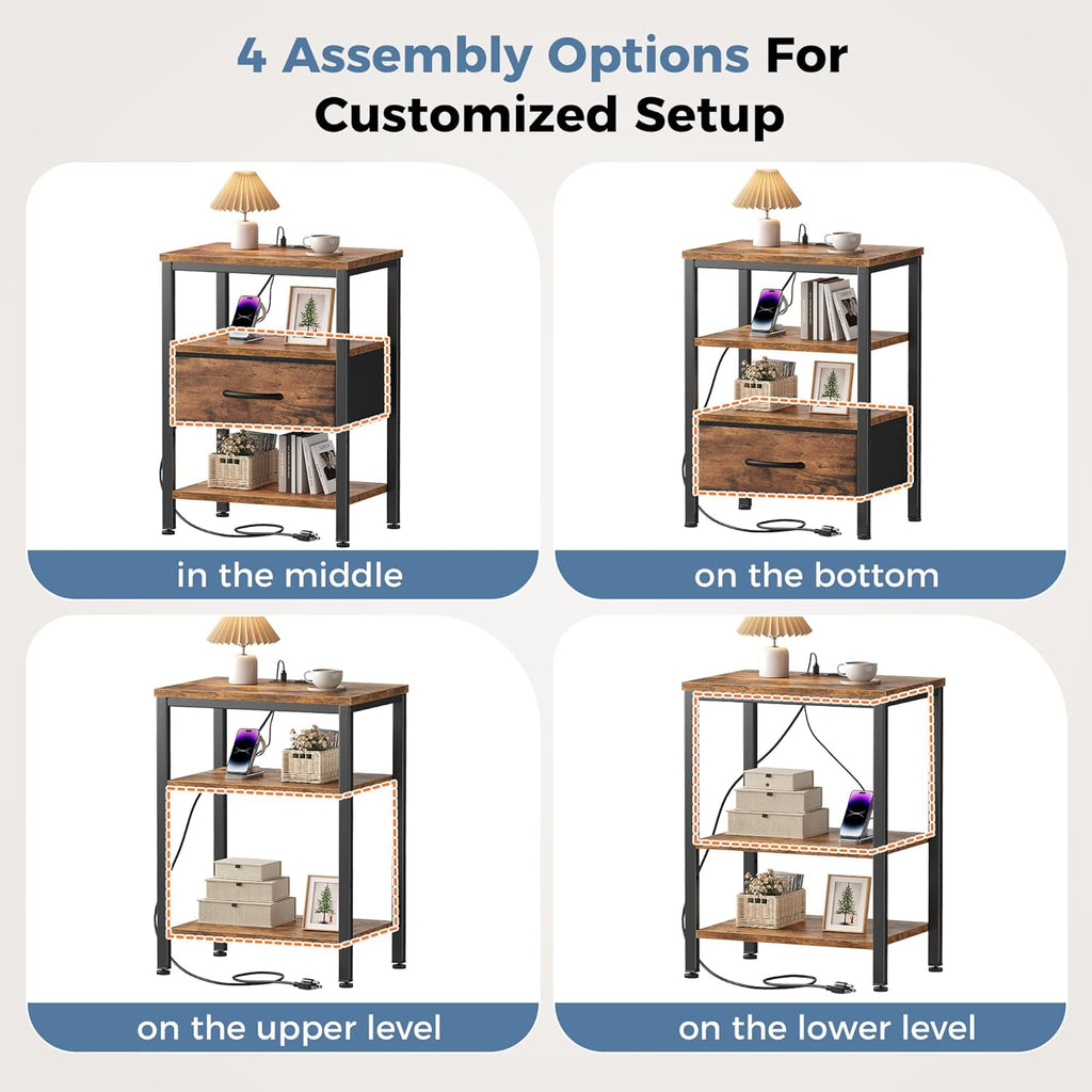 JIOABL Nightstand with USB & Type-C Charging, Fabric Drawers, Metal Frame