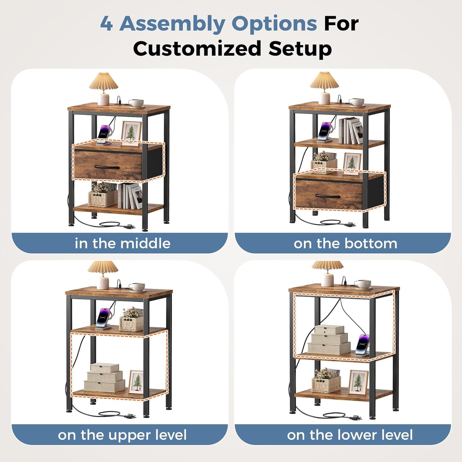 JIOABL Nightstand with USB & Type-C Charging, Fabric Drawers, Metal Frame