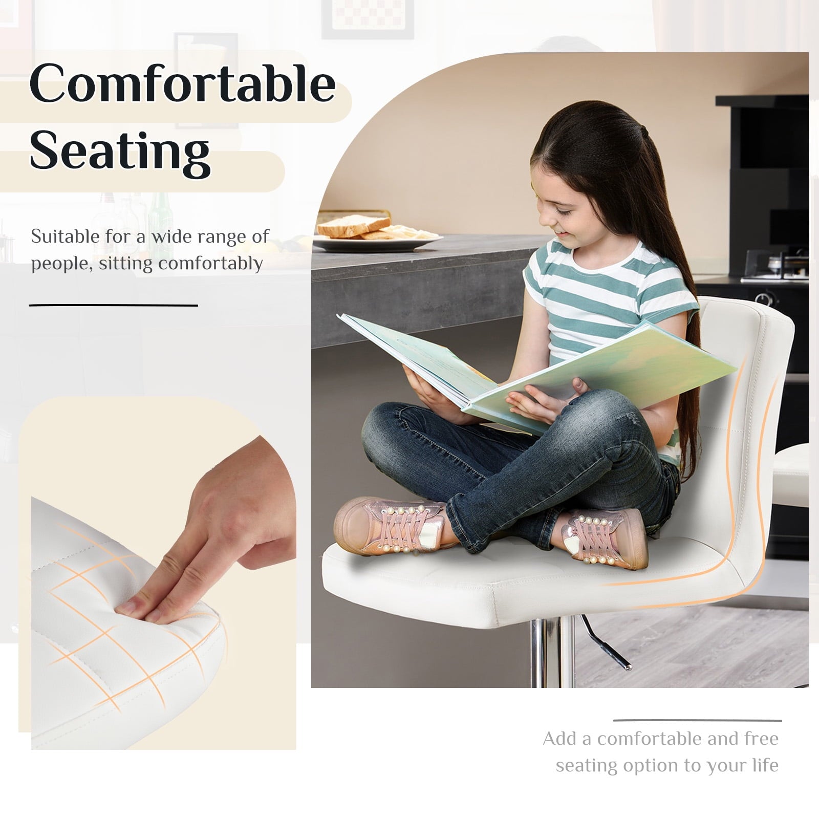 JIOABL Bar Stools, Armless Adjustable Swivel Barstools, PU Leather Hydraulic Kitchen Counter Height Bar Stools, Thickened Seat Cushion Square Island Barstools with Back