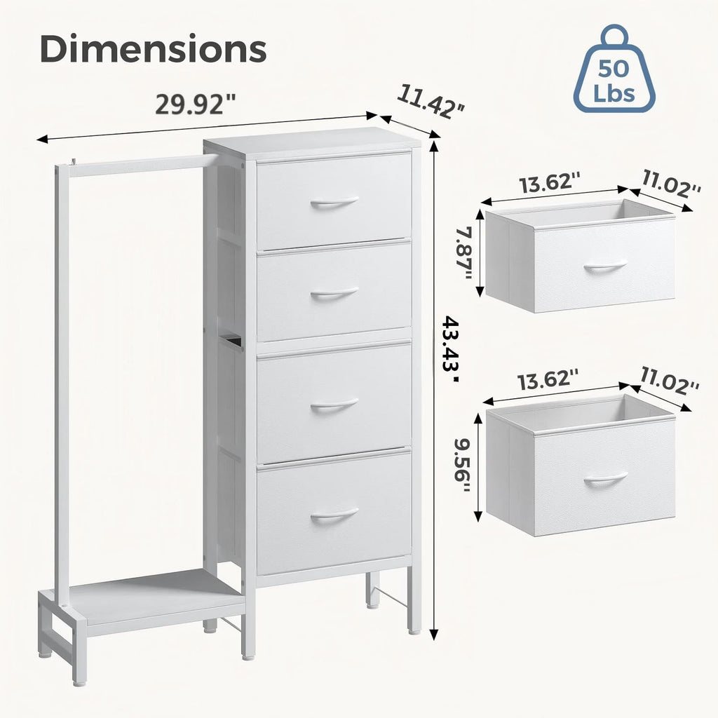 JIOABL 4 Drawer Dresser with Hanging Rack, Steel Frame, Fabric Drawers, Tall Storage Organizer for Bedroom