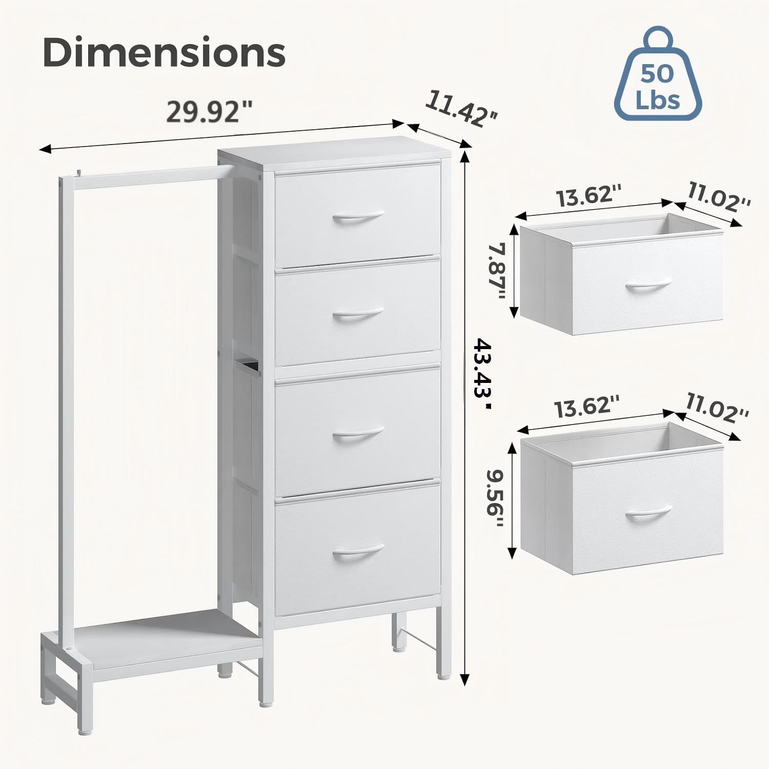 JIOABL 4 Drawer Dresser with Hanging Rack, Steel Frame, Fabric Drawers, Tall Storage Organizer for Bedroom