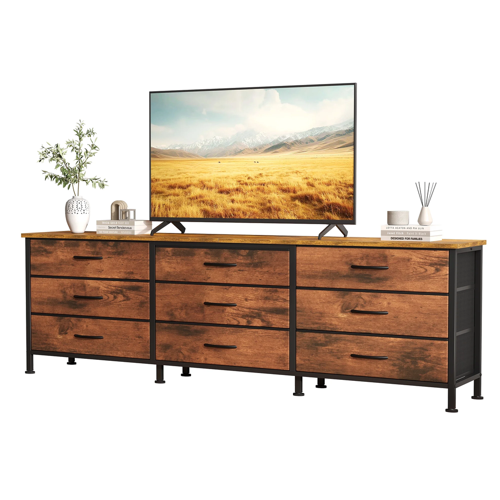 JIOABL 66 inch Wide TV Stand Dresser, 9-Drawer Storage Cabinet for 75 inch TV, Entertainment Center with Wood Top for Living Room, Black