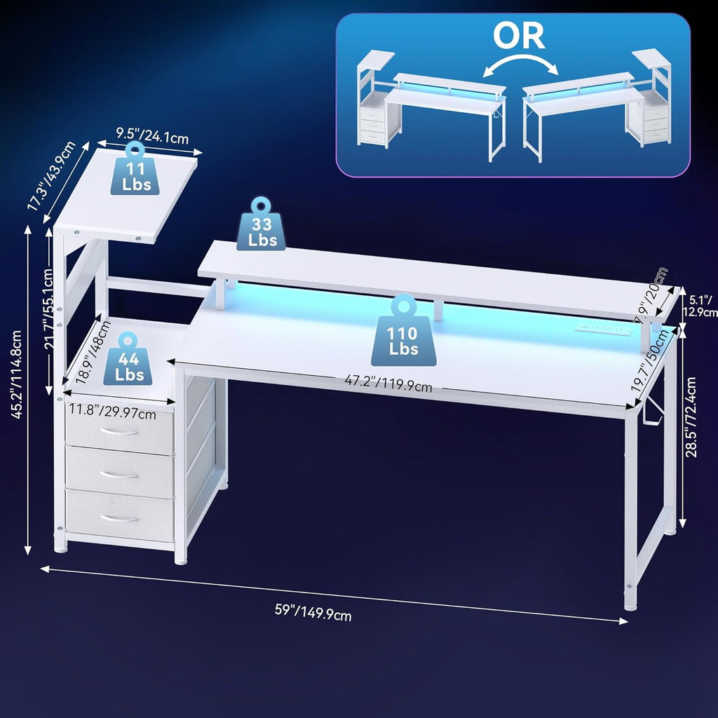 JIOABL Gaming Desk with RGB LED, Built-in Charging Station, Ergonomic Monitor Stand, Storage Drawers, Reversible Shelf, for Teens & Adults