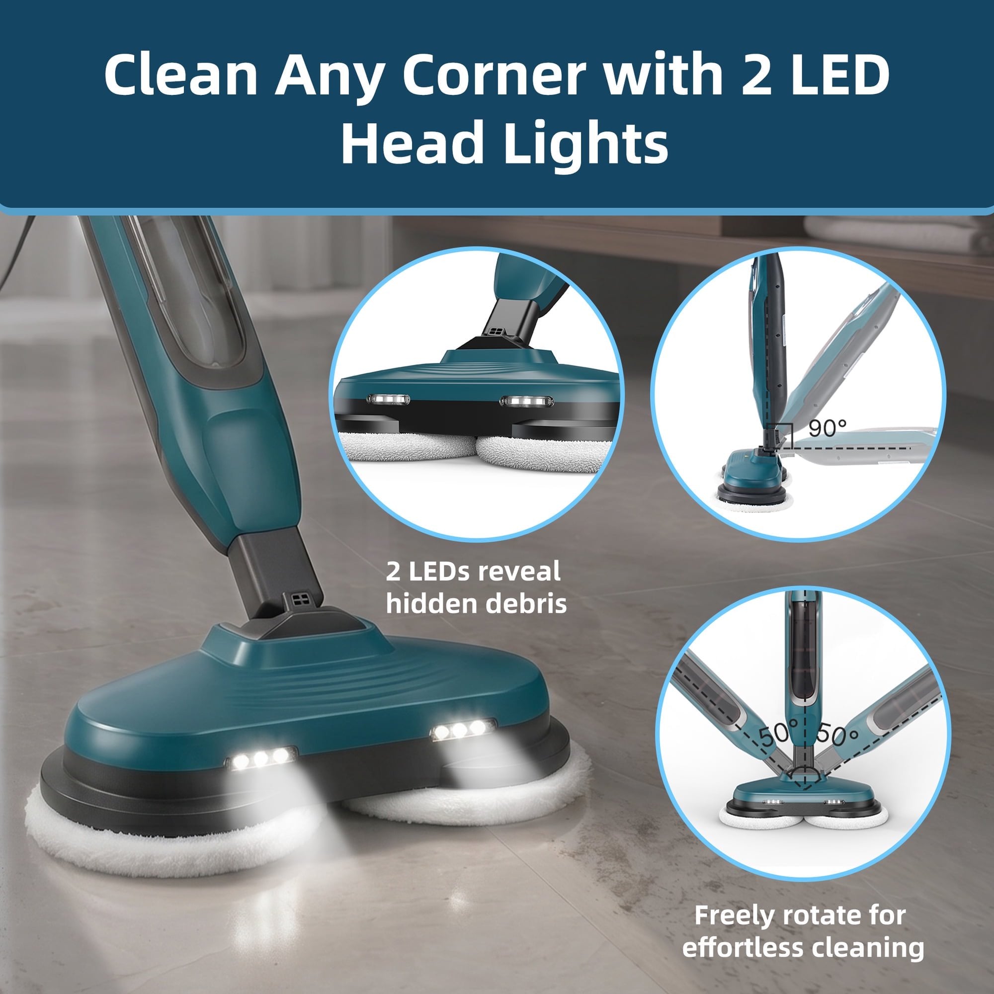 JIOABL Scrubbing Steam Mop with Dual Rotating Pads, LED Headlights and Adjustable Steam Modes for Sealed Hard Floors
