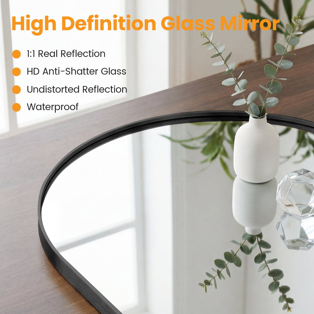JIOABL Arched-Top Rectangular Wall-Mounted Mirror – Aluminum Frame, HD Tempered Glass, Perfect for Bathroom, Bedroom & Living Room
