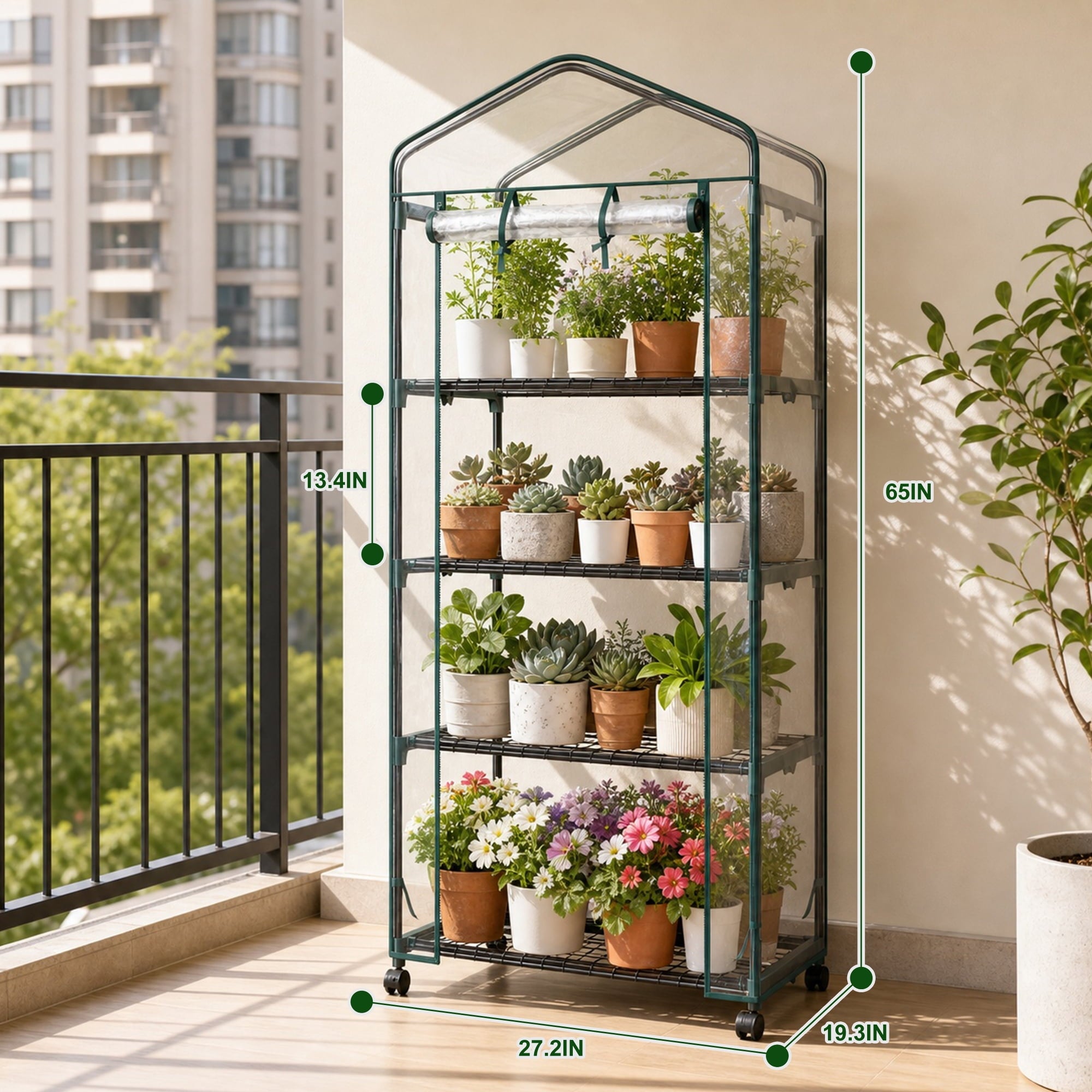JIOABL 4-Tier Mini Greenhouse with Clear PVC Cover & Wheels, Portable Plant Grow House with Zipper Door, Steel Frame for Indoor & Outdoor Garden, Clear