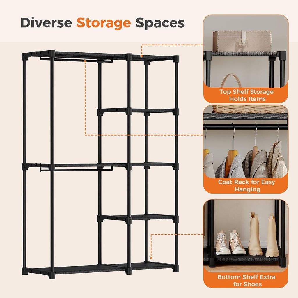 JIOABL Portable Clothes Rack with Shelves, Freestanding Closet Organizer with Hanging Rods for Bedroom, Entryway