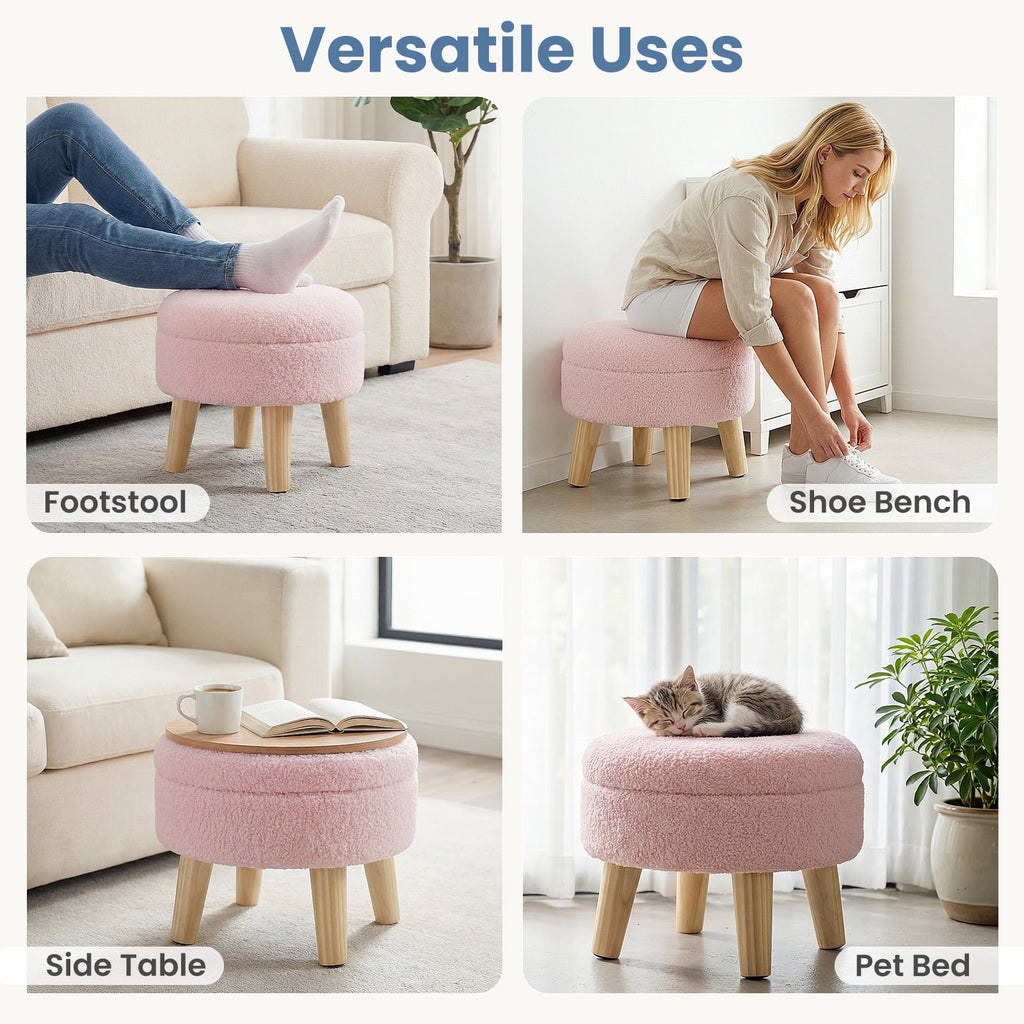 JIOABL Ottoman with Storage, 350lbs Capacity, Soft Teddy Fabric, Round Footrest, Wooden Legs, for Living Room & Bedroom