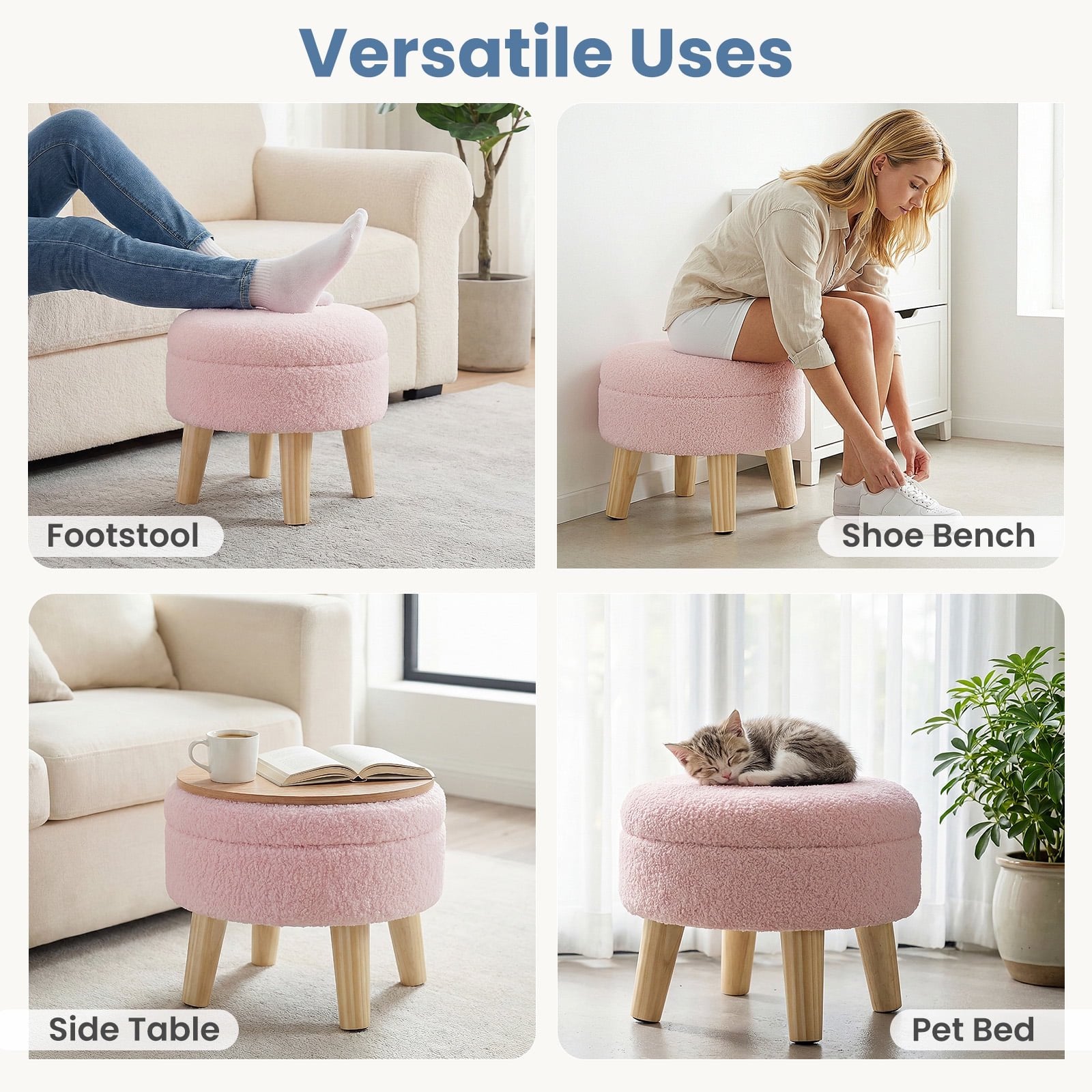 JIOABL Ottoman with Storage, 350lbs Capacity, Soft Teddy Fabric, Round Footrest, Wooden Legs, for Living Room & Bedroom