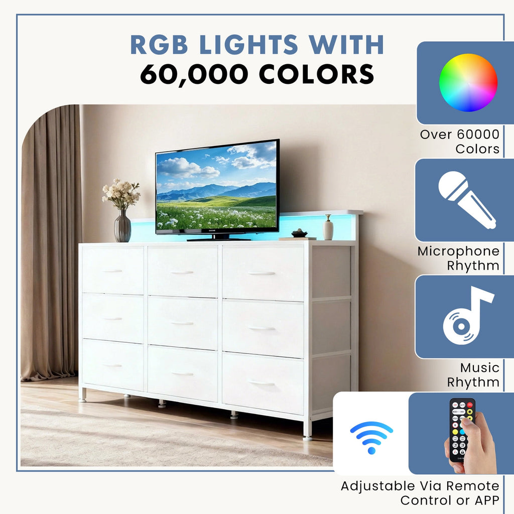 JIOABL TV Stand with  Fabric Drawers & Power Outlet, LED TV Console with USB & Type-C, Storage Dresser for Living Room