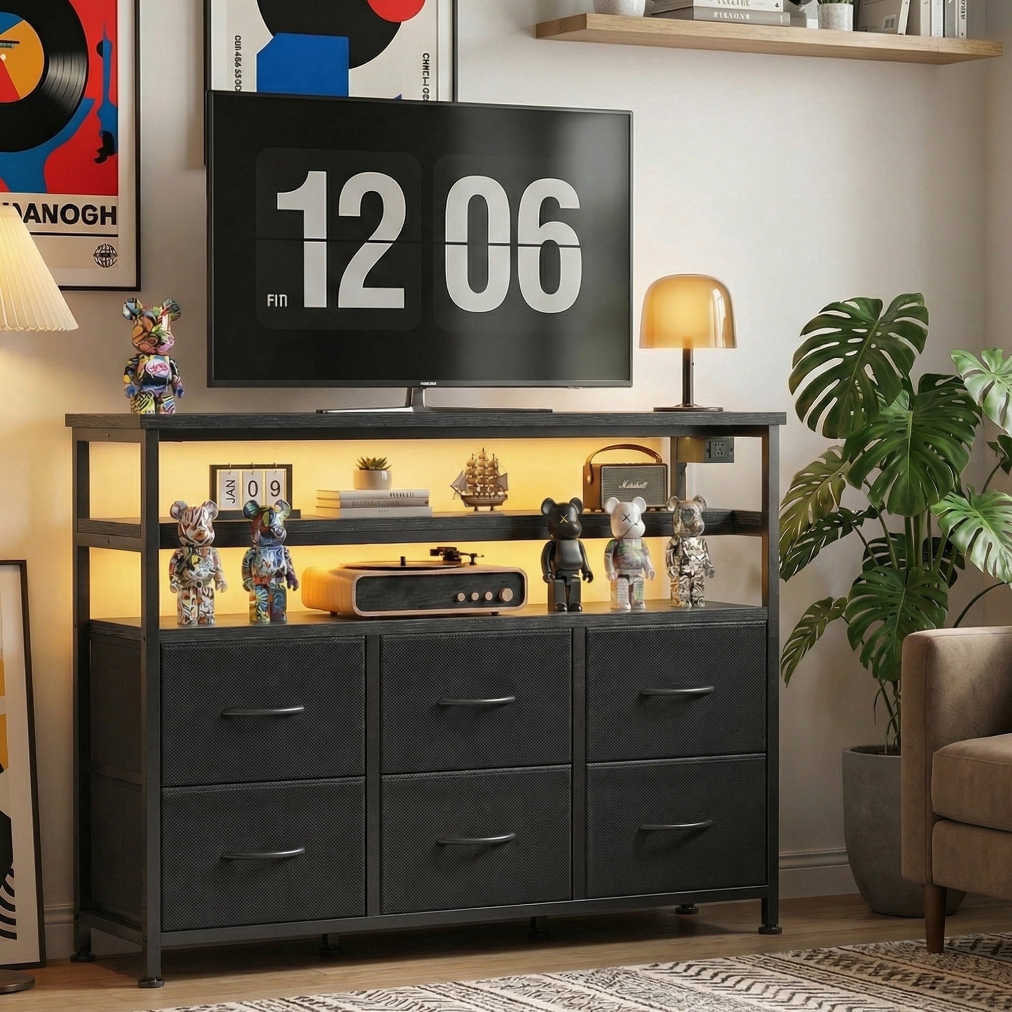 JIOABL TV Stand with  Fabric Drawers & Power Outlet, LED TV Console with USB & Type-C, Storage Dresser for Living Room