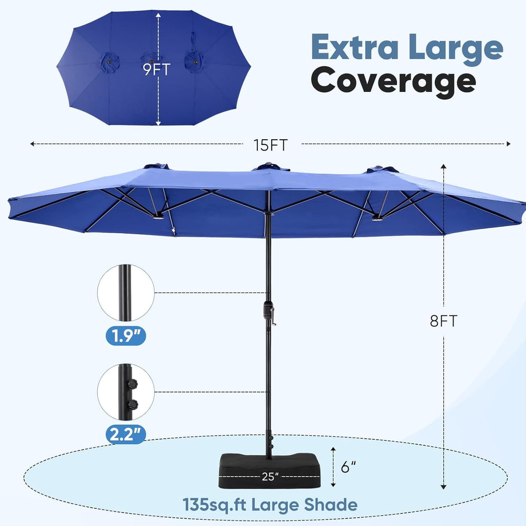 JIOABL 15FT Triple Head Patio Umbrella with Base & Sandbags, Large Outdoor Umbrella with Crank, 12 Ribs, UV-Resistant & Ventilated Canopy