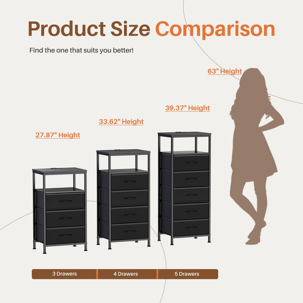 JIOABL Nightstand with USB & Type-C Charging, Fabric Drawers, Metal Frame