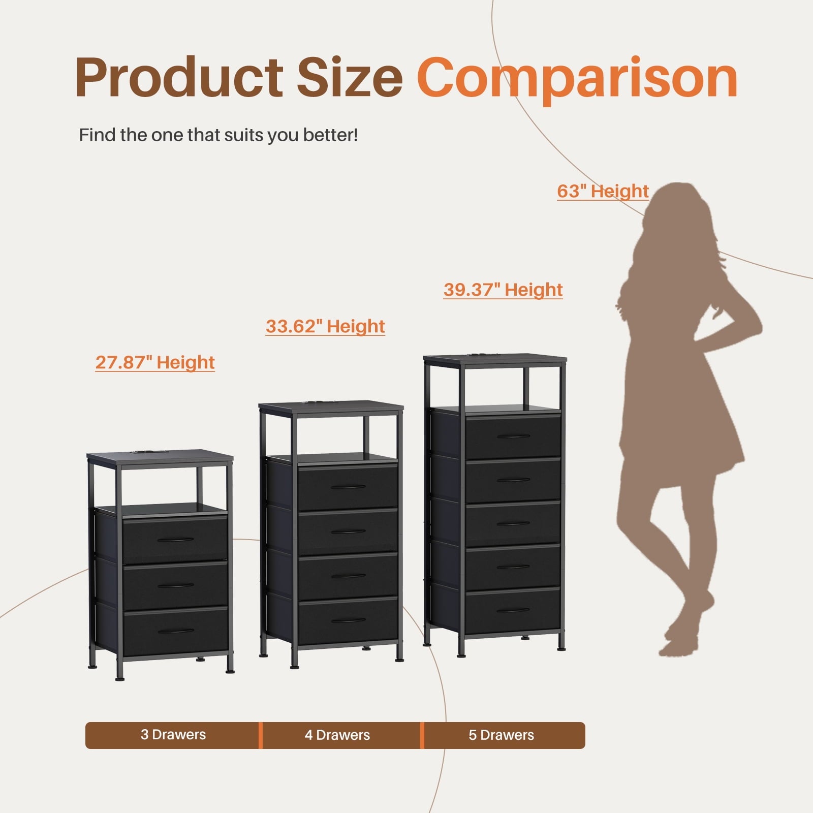 JIOABL Nightstand with USB & Type-C Charging, Fabric Drawers, Metal Frame