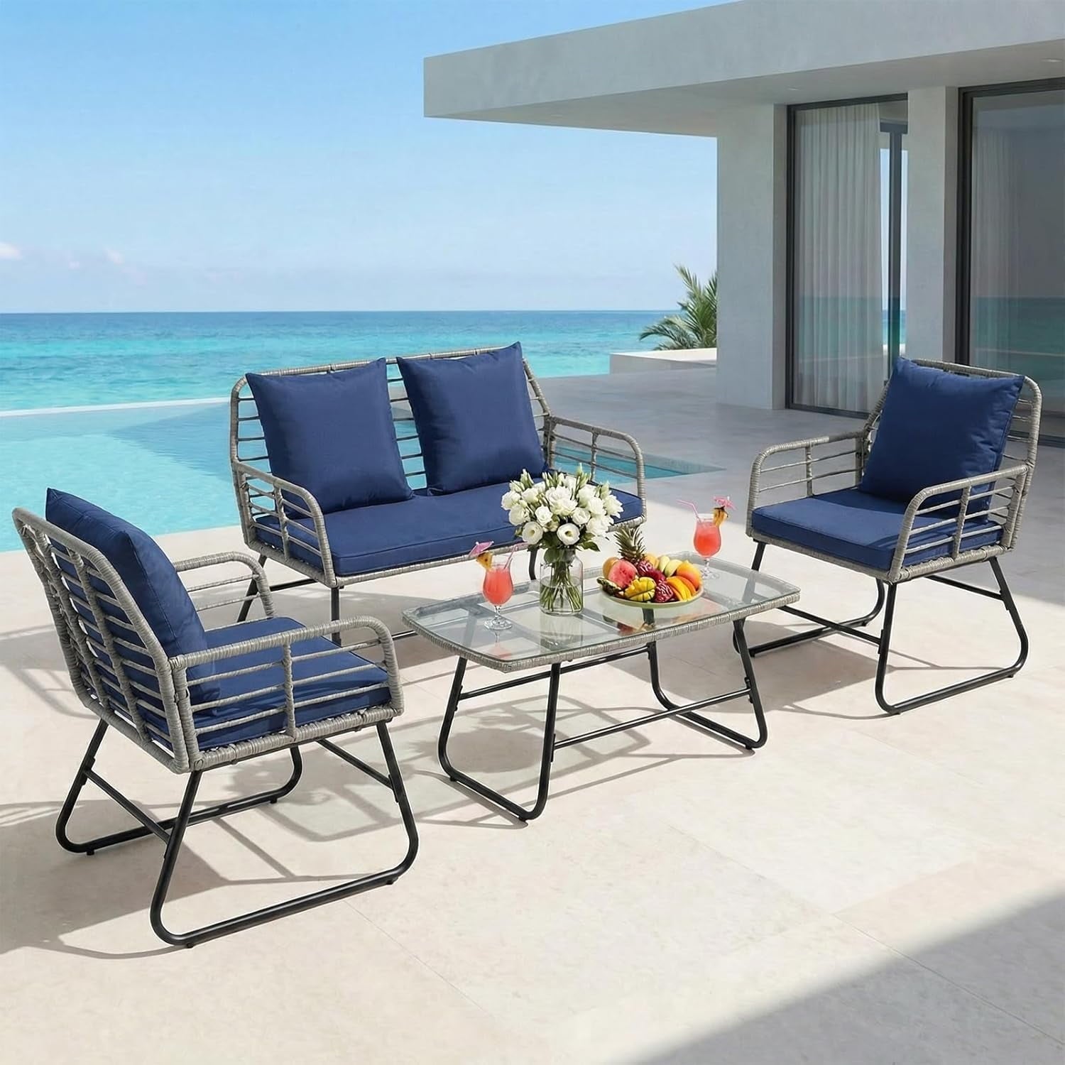 JIOABL Outdoor Bistro Set, Wicker Chairs & Glass Top Table for Patio, Balcony, Porch, Backyard